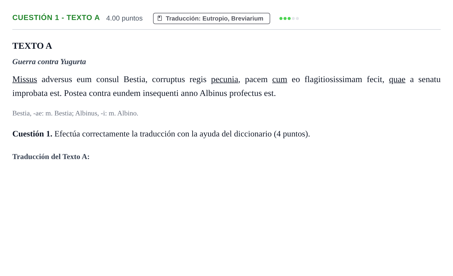 Enunciado: Cuestión 1 - Texto A · Latín II PAU Murcia Extraordinaria 2026