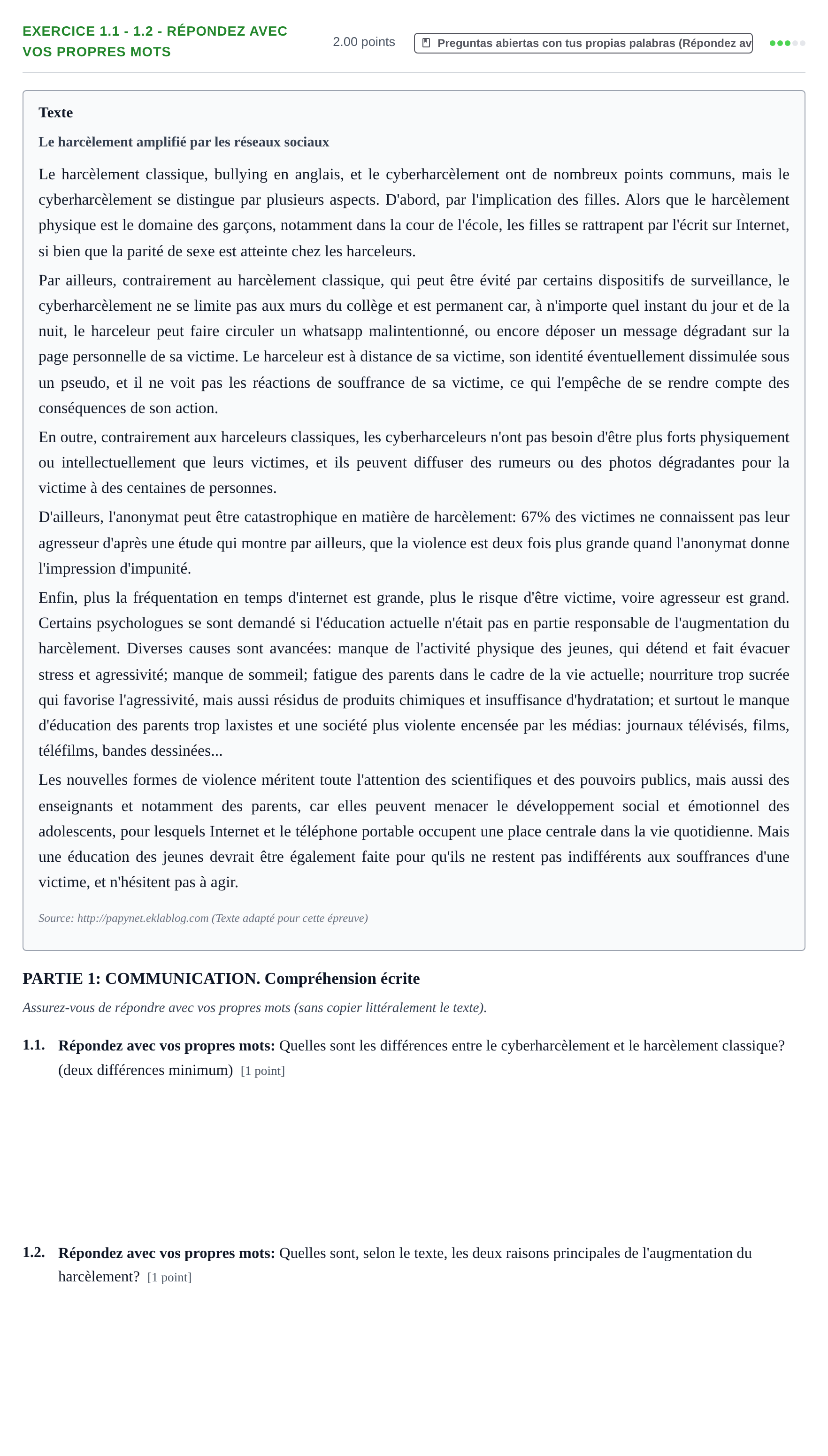 Enunciado: Ejercicio 1.1 - 1.2 - Répondez avec vos propres mots · Francés PAU Navarra Ordinaria 2025