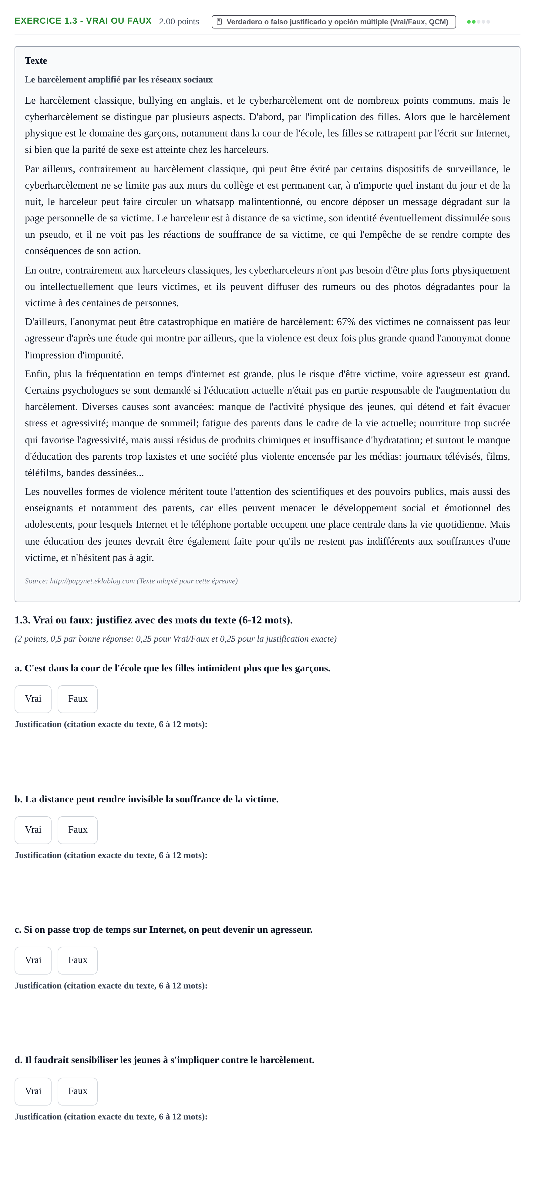 Enunciado: Ejercicio 1.3 - Vrai ou faux · Francés PAU Navarra Ordinaria 2025