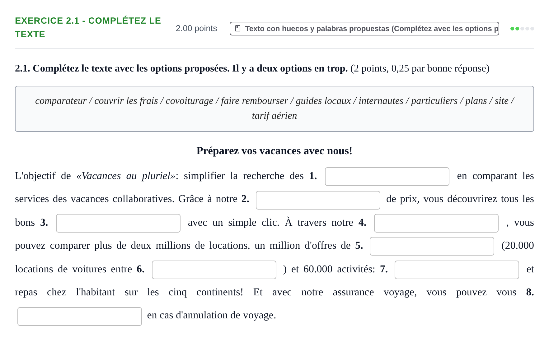 Enunciado: Ejercicio 2.1 - Complétez le texte · Francés PAU Navarra Ordinaria 2025