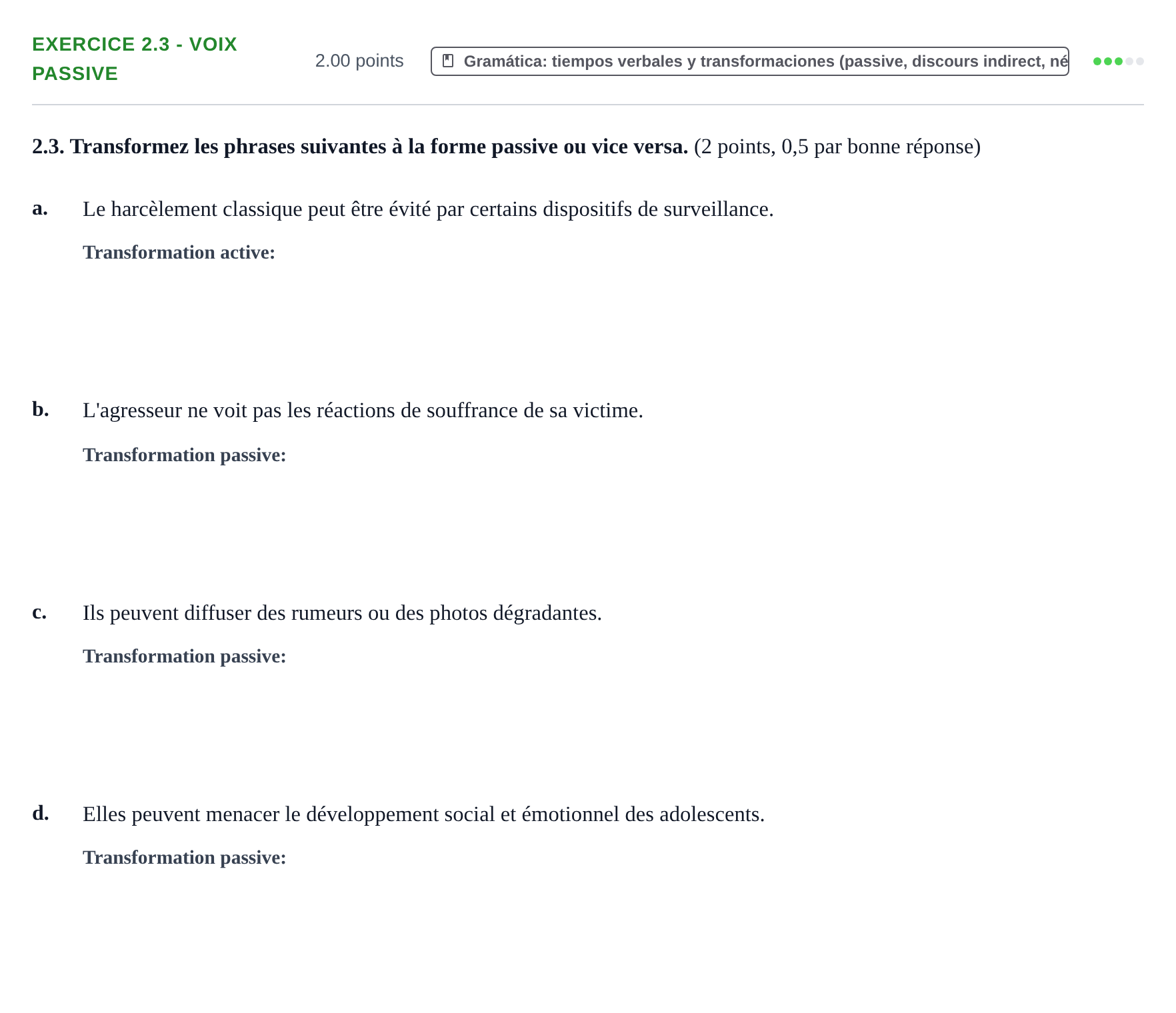 Enunciado: Ejercicio 2.3 - Voix passive · Francés PAU Navarra Ordinaria 2025