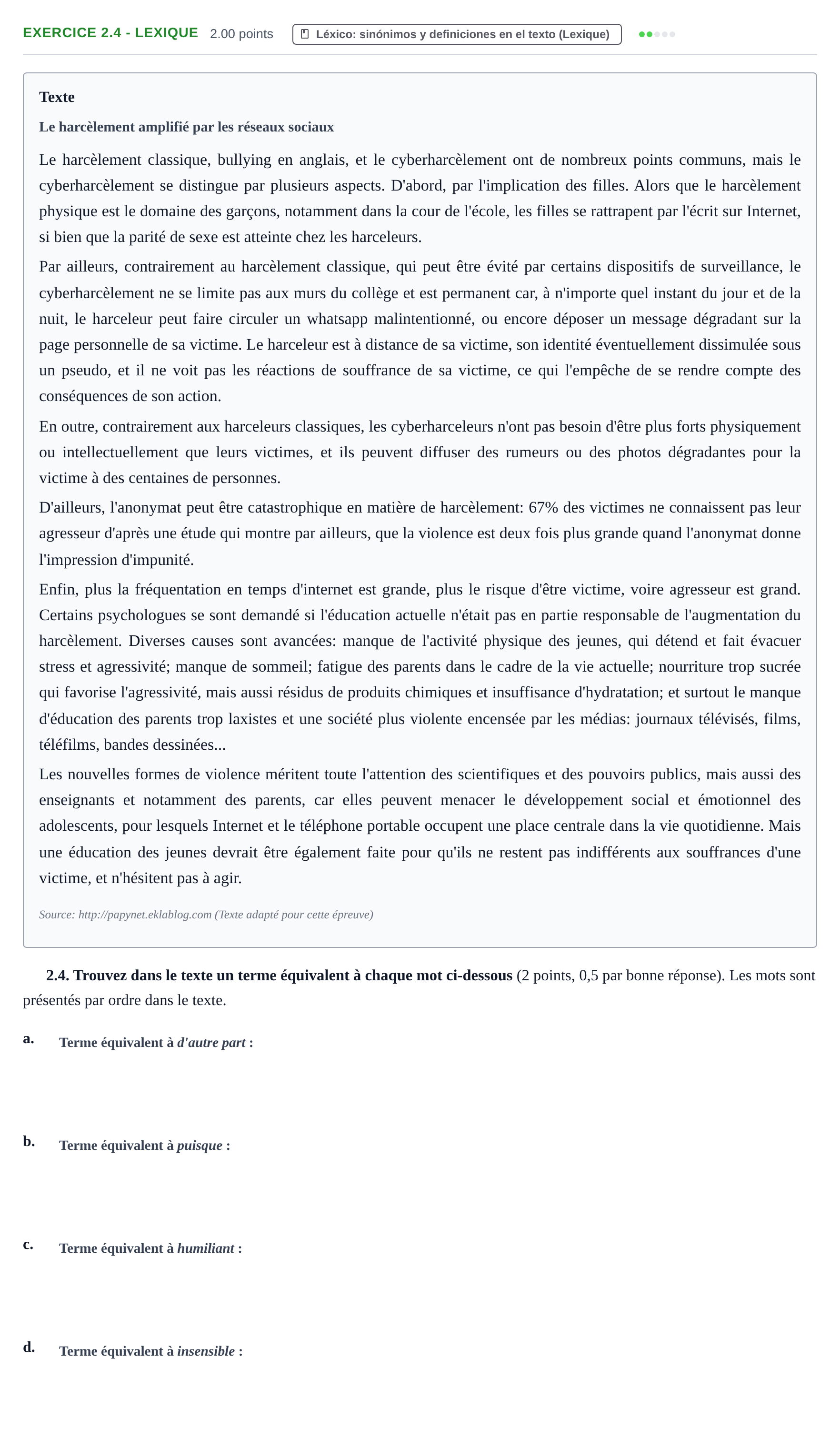 Enunciado: Ejercicio 2.4 - Lexique · Francés PAU Navarra Ordinaria 2025