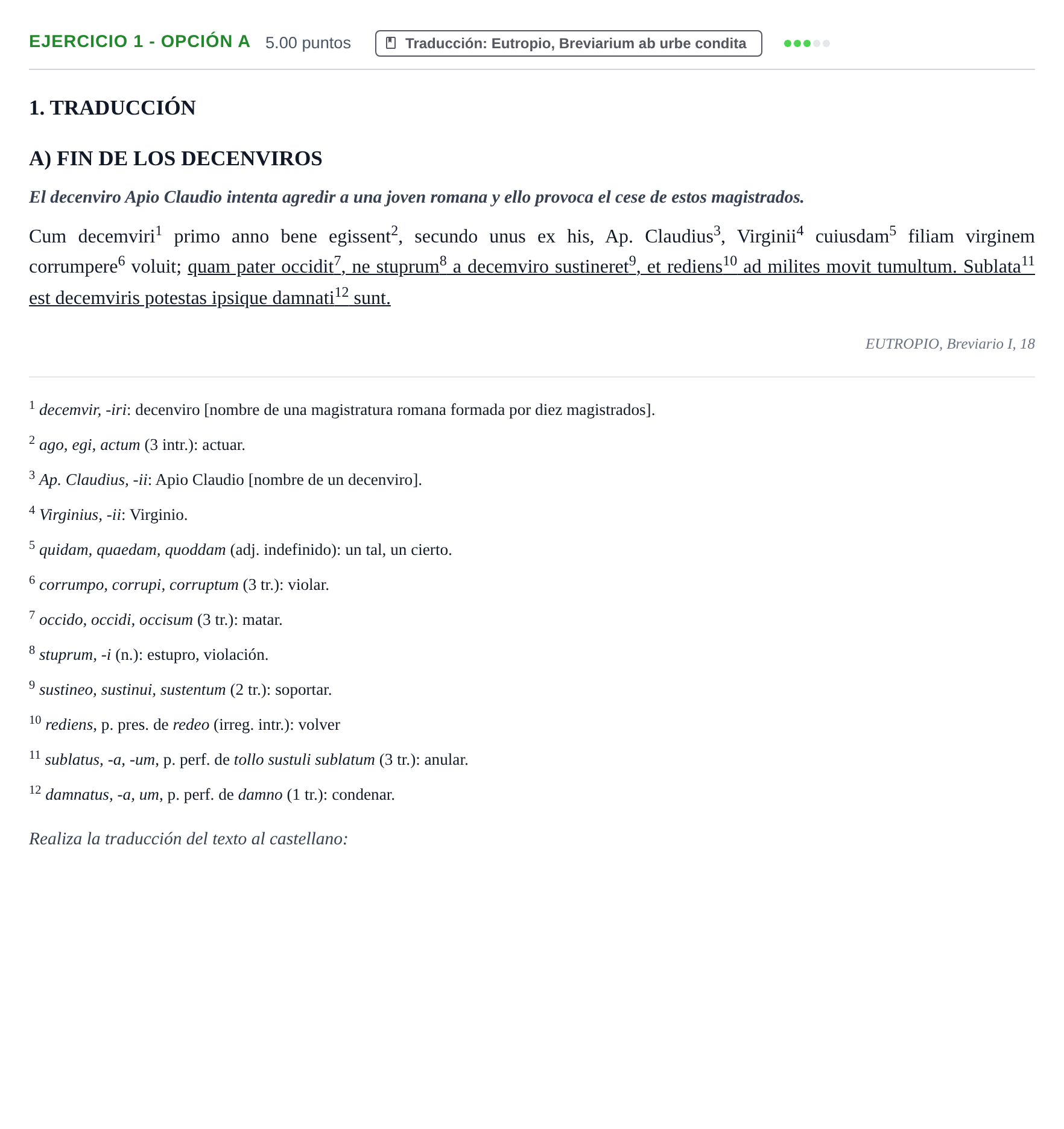 Enunciado: Ejercicio 1 - Opción A · Latín II PAU Navarra Ordinaria 2025