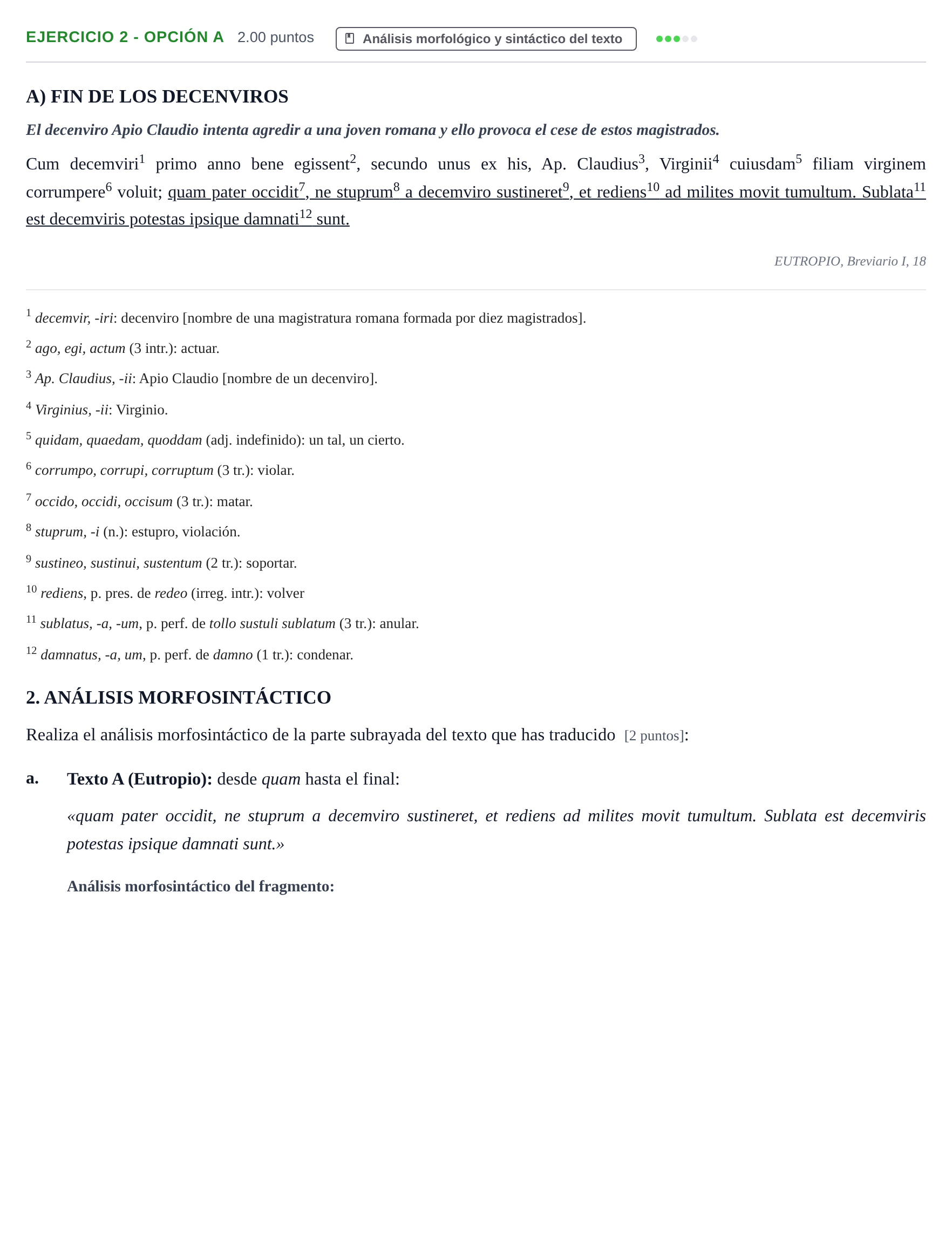 Enunciado: Ejercicio 2 - Opción A · Latín II PAU Navarra Ordinaria 2025
