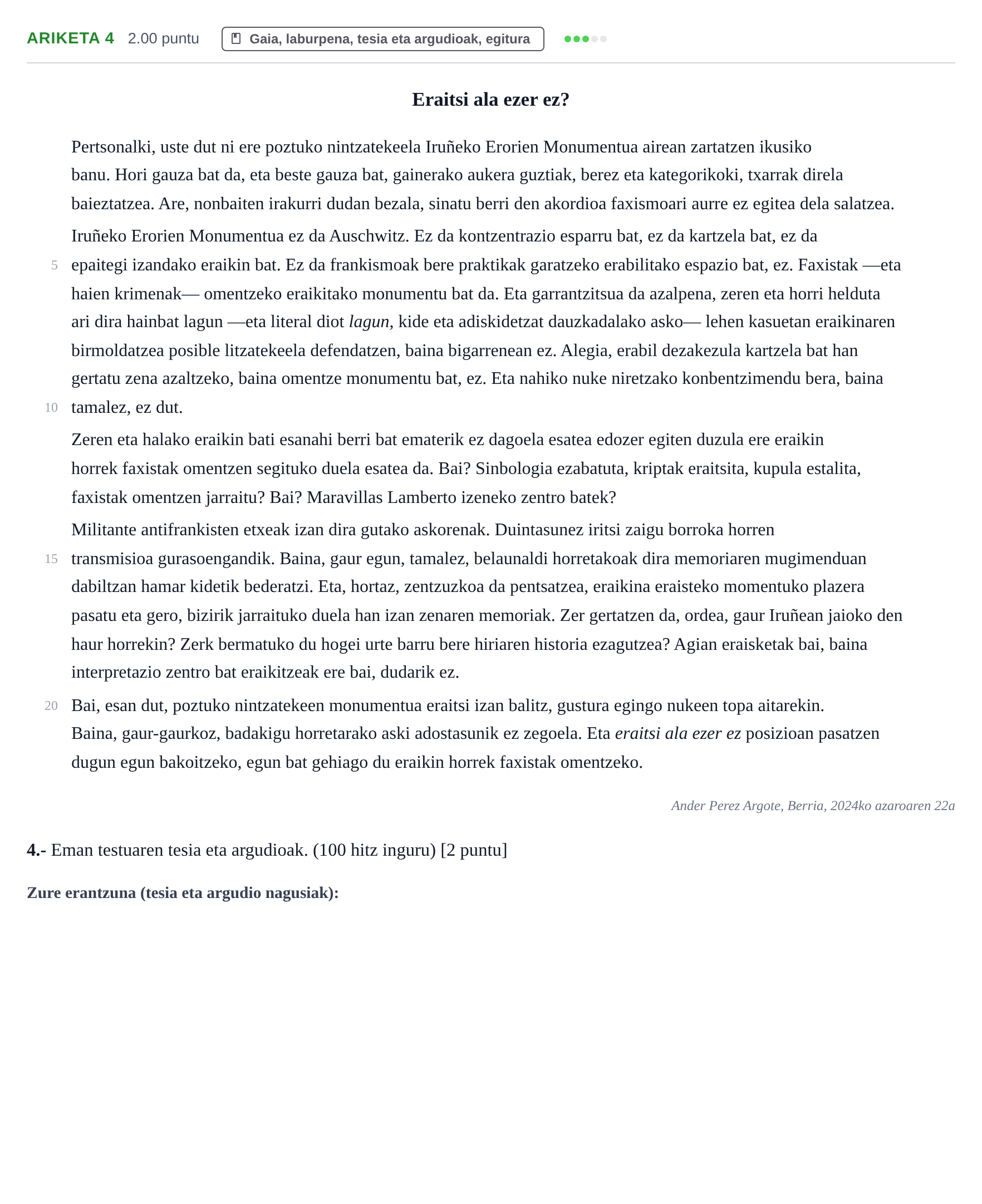 Enunciado: Problema 4 · Lengua Vasca y Literatura II PAU Navarra Ordinaria (Modelo D) 2025