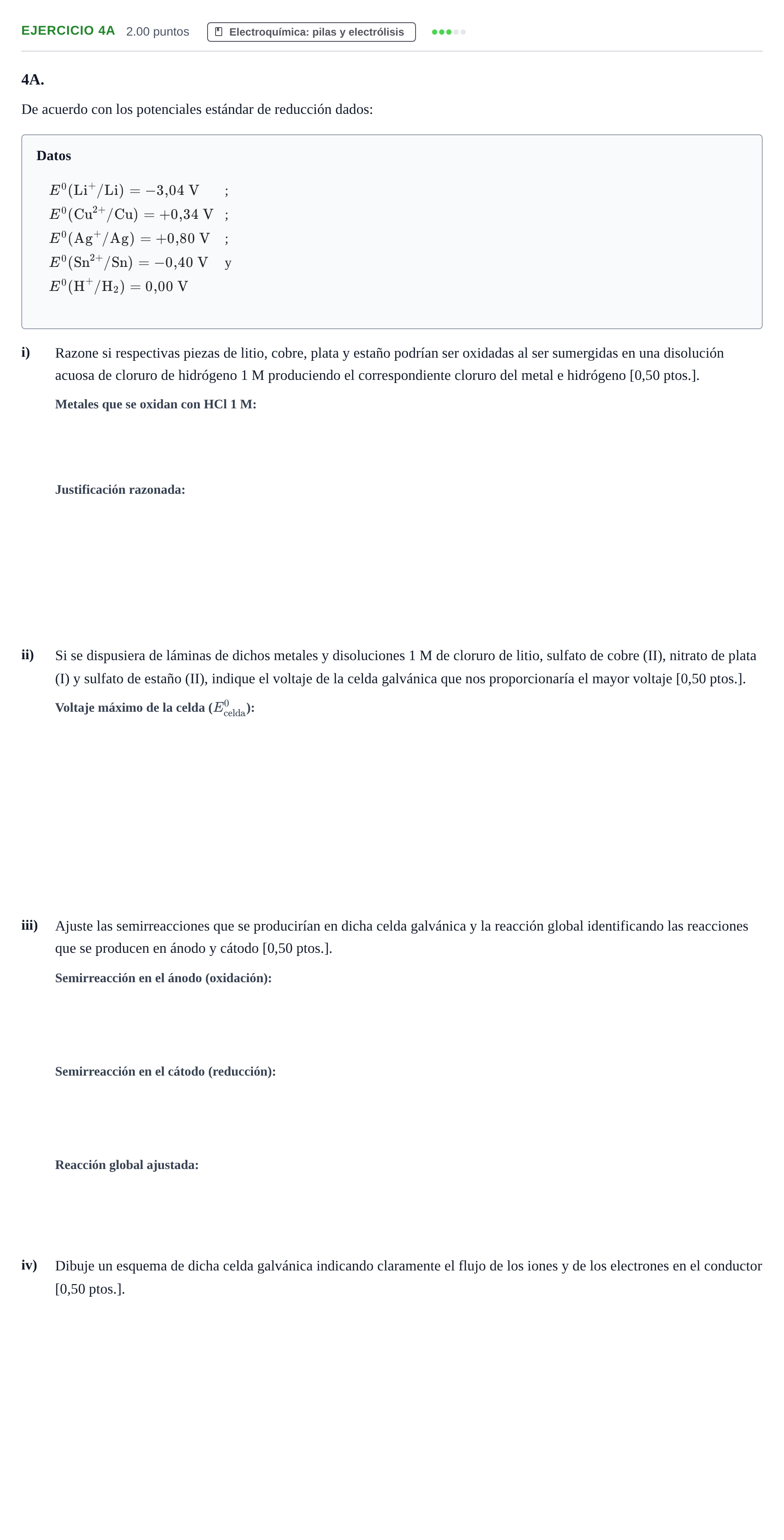 Enunciado: Ejercicio 4A · Química PAU Navarra Ordinaria 2025