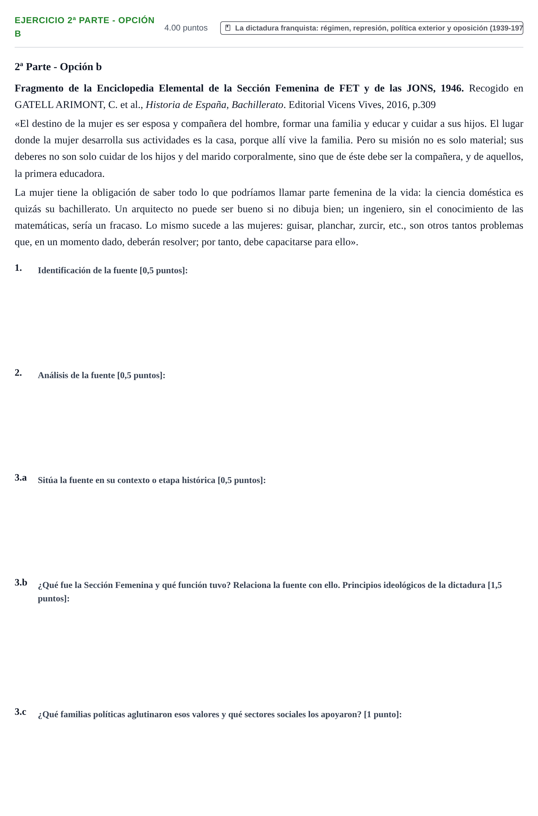 Enunciado: Ejercicio 2ª Parte - Opción b · Historia de España PAU Navarra Extraordinaria 2025