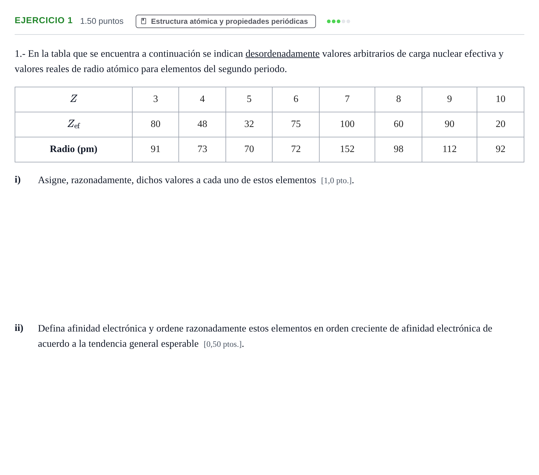 Enunciado: Ejercicio 1 - Estructura atómica y propiedades periódicas · Química PAU Navarra Extraordinaria 2025