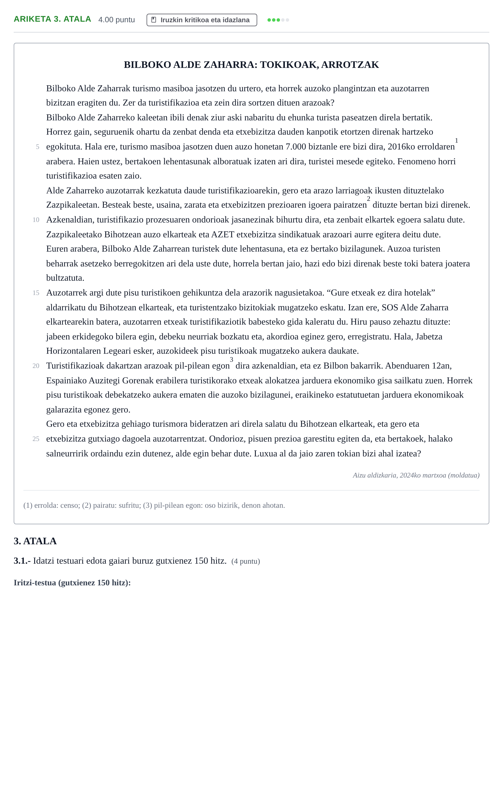 Enunciado: Ejercicio 3. ATALA · Lengua Vasca y Literatura II PAU Navarra Extraordinaria (Modelo A) 2025
