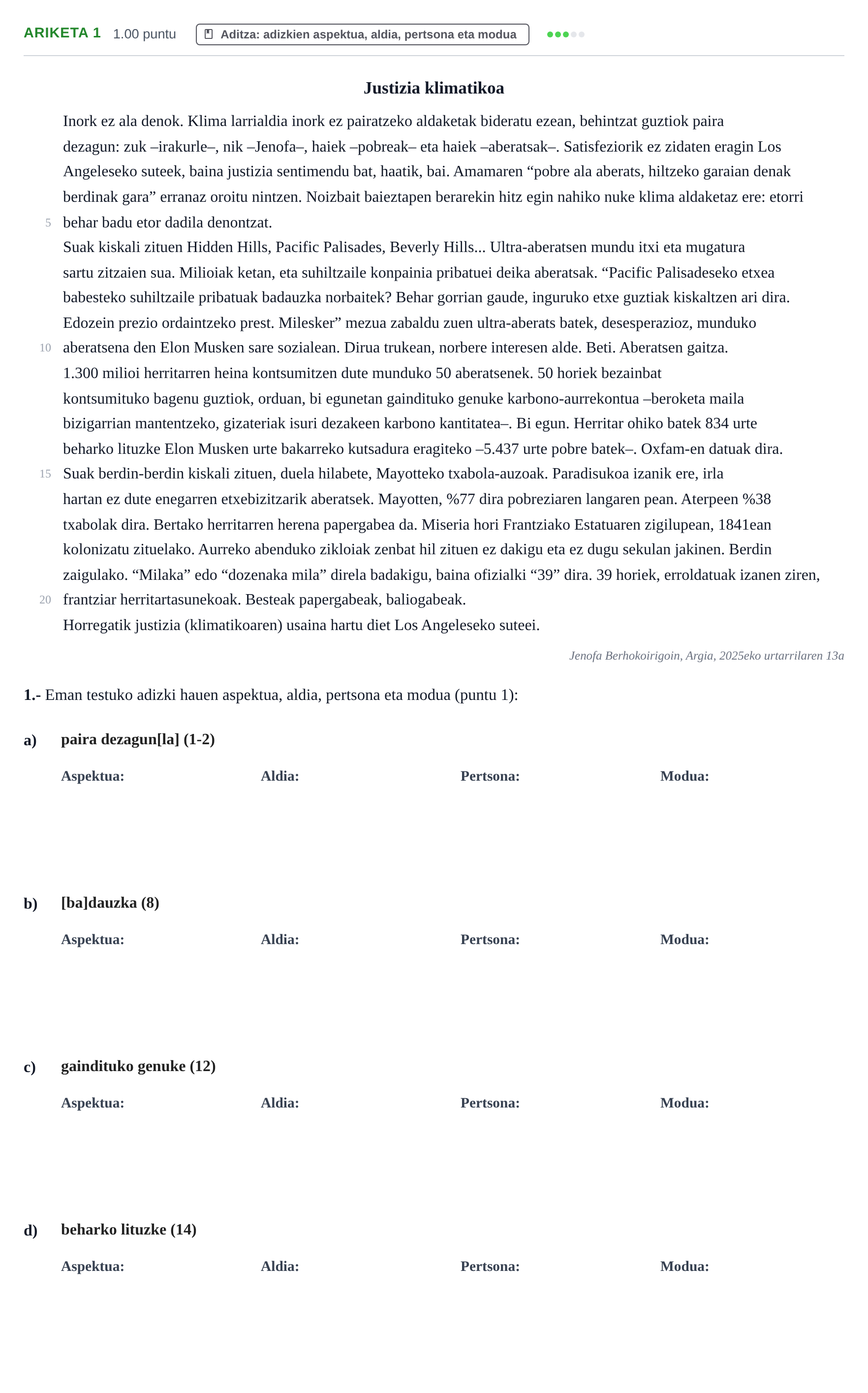 Enunciado: Problema 1 · Lengua Vasca y Literatura II PAU Navarra Extraordinaria (Modelo D) 2025