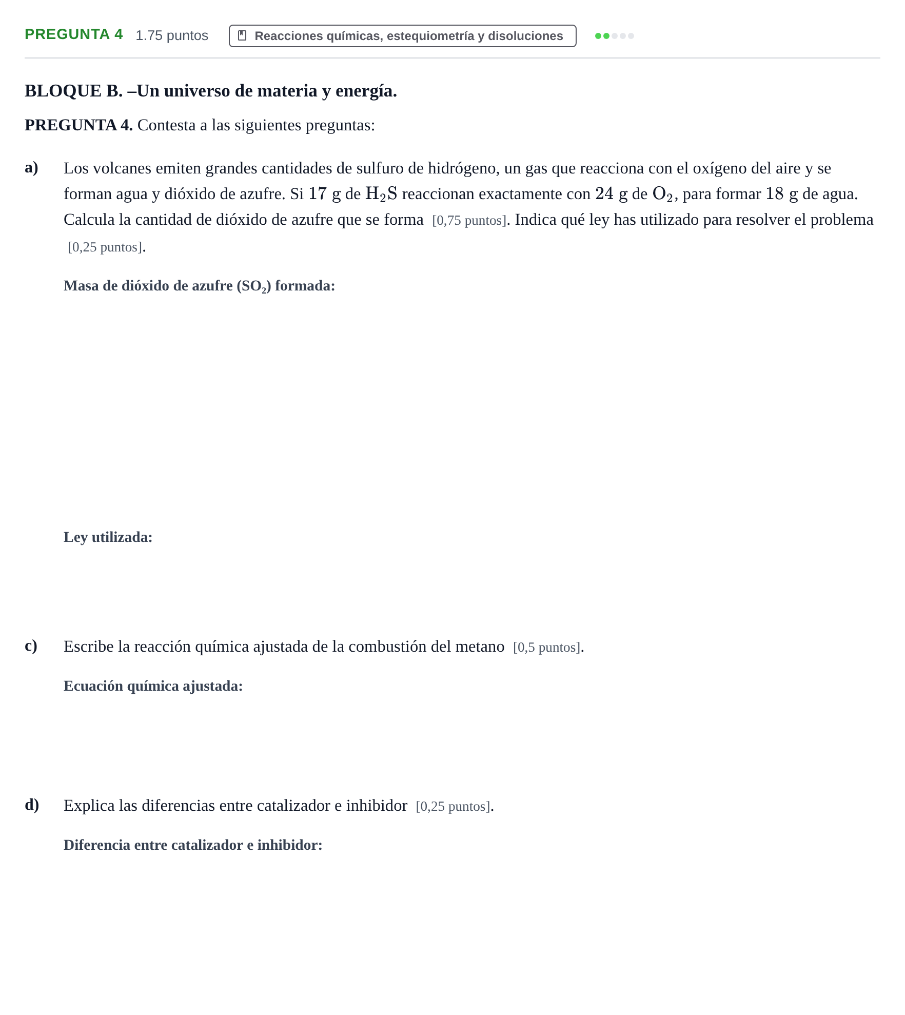 Enunciado: Pregunta 4 - Reacciones químicas · Ciencias Generales PAU Navarra Ordinaria 2025