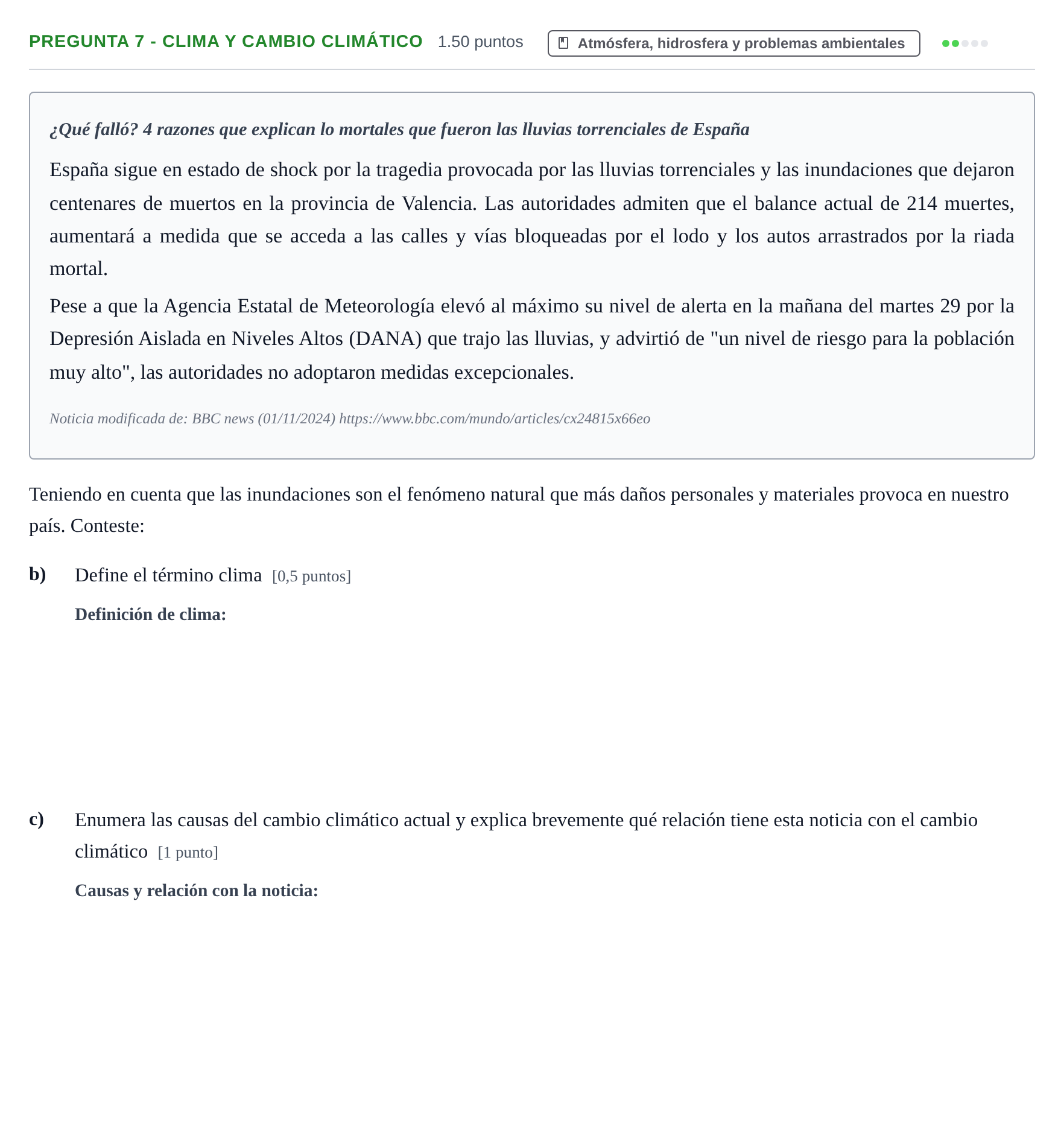 Enunciado: Pregunta 7 - Clima y cambio climático · Ciencias Generales PAU Navarra Ordinaria 2025