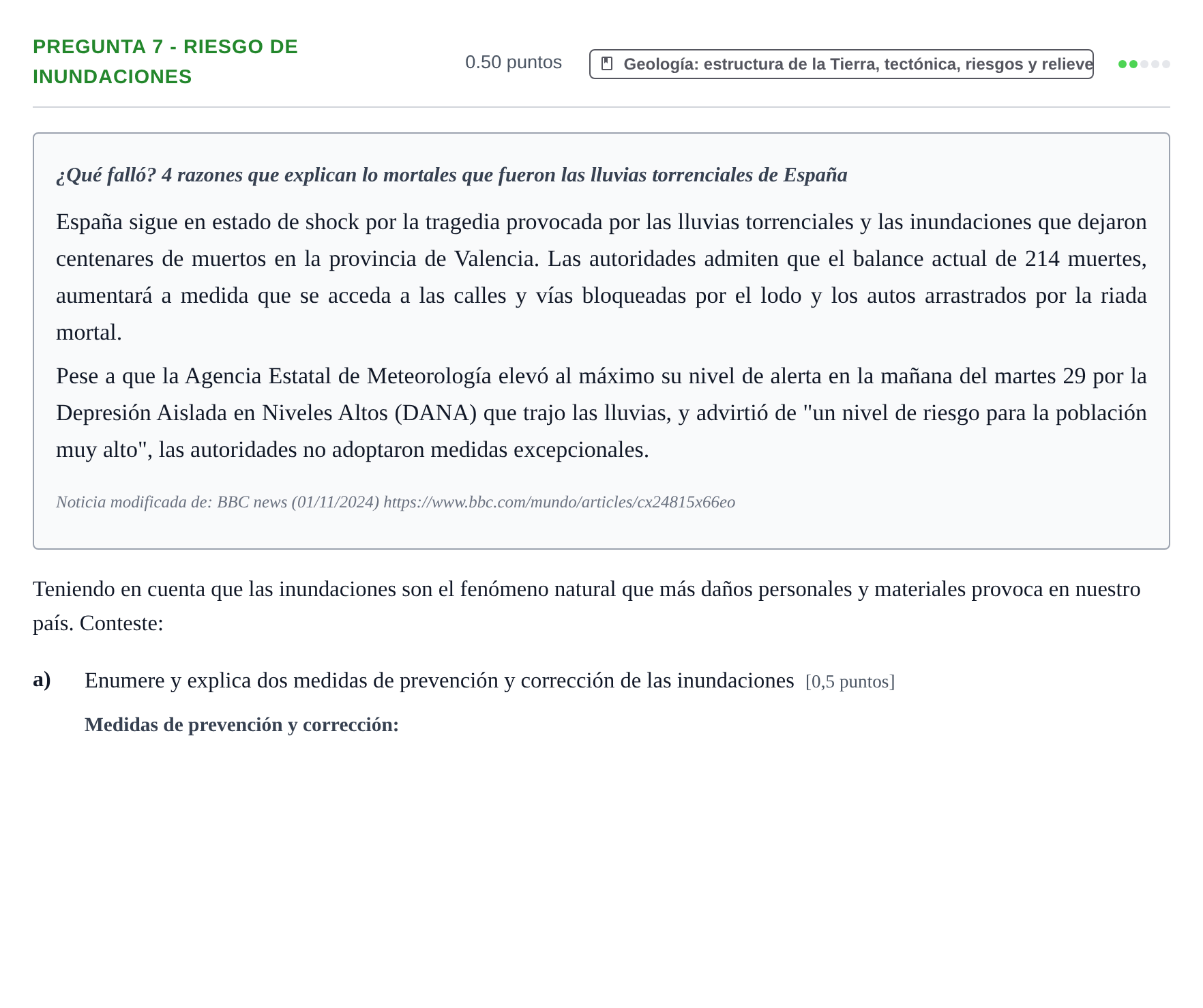 Enunciado: Pregunta 7 - Riesgo de inundaciones · Ciencias Generales PAU Navarra Ordinaria 2025