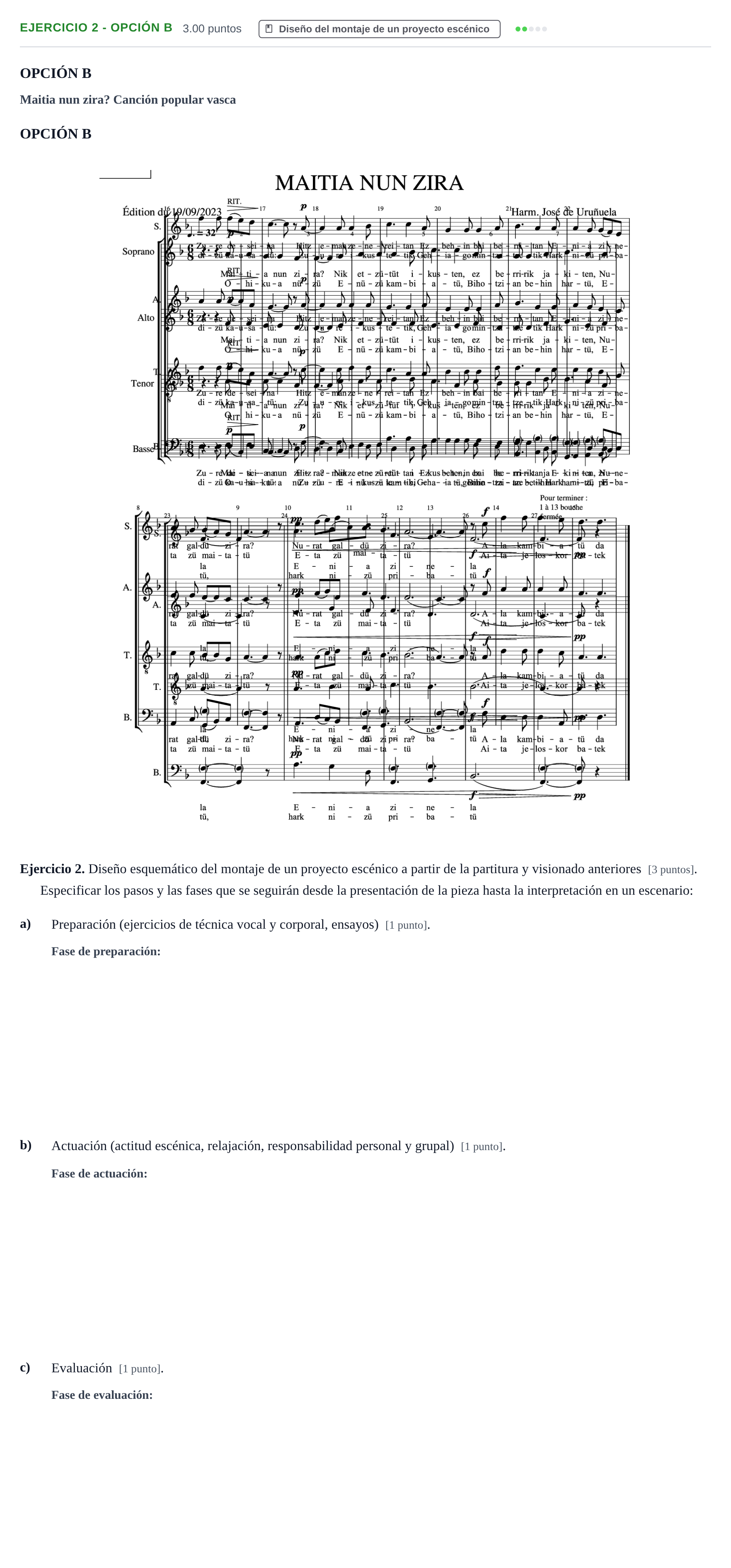 Enunciado: Ejercicio 2 - Opción B · Coro y Técnica Vocal PAU Navarra Ordinaria 2025