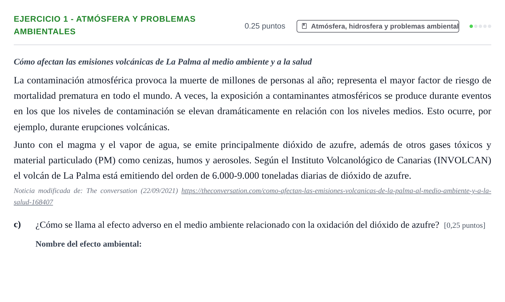 Enunciado: Ejercicio 1 - Atmósfera y problemas ambientales · Ciencias Generales PAU Navarra Extraordinaria 2025