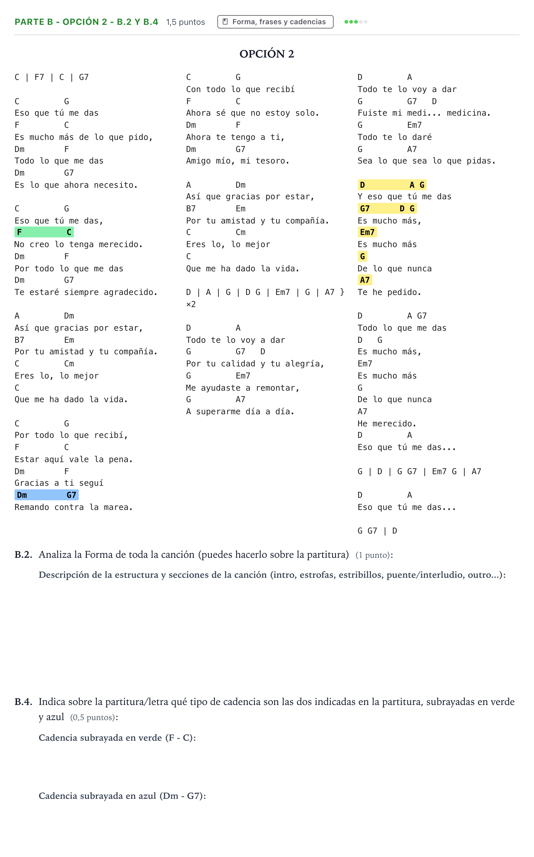 Enunciado: Ejercicio Parte B - Opción 2 - B.2 y B.4 · Análisis Musical II PAU Navarra Extraordinaria 2025