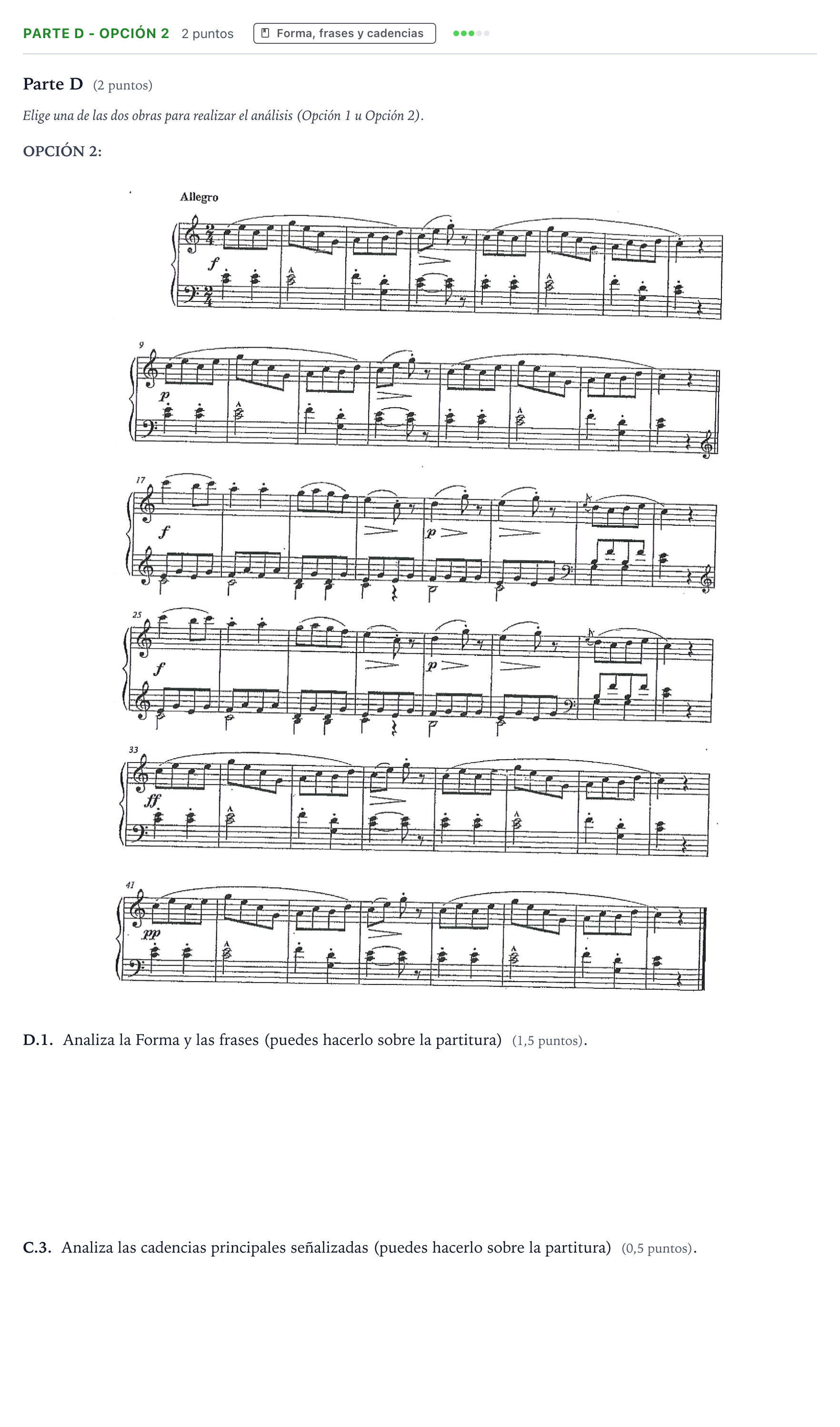 Enunciado: Ejercicio Parte D - Opción 2 · Análisis Musical II PAU Navarra Extraordinaria 2025
