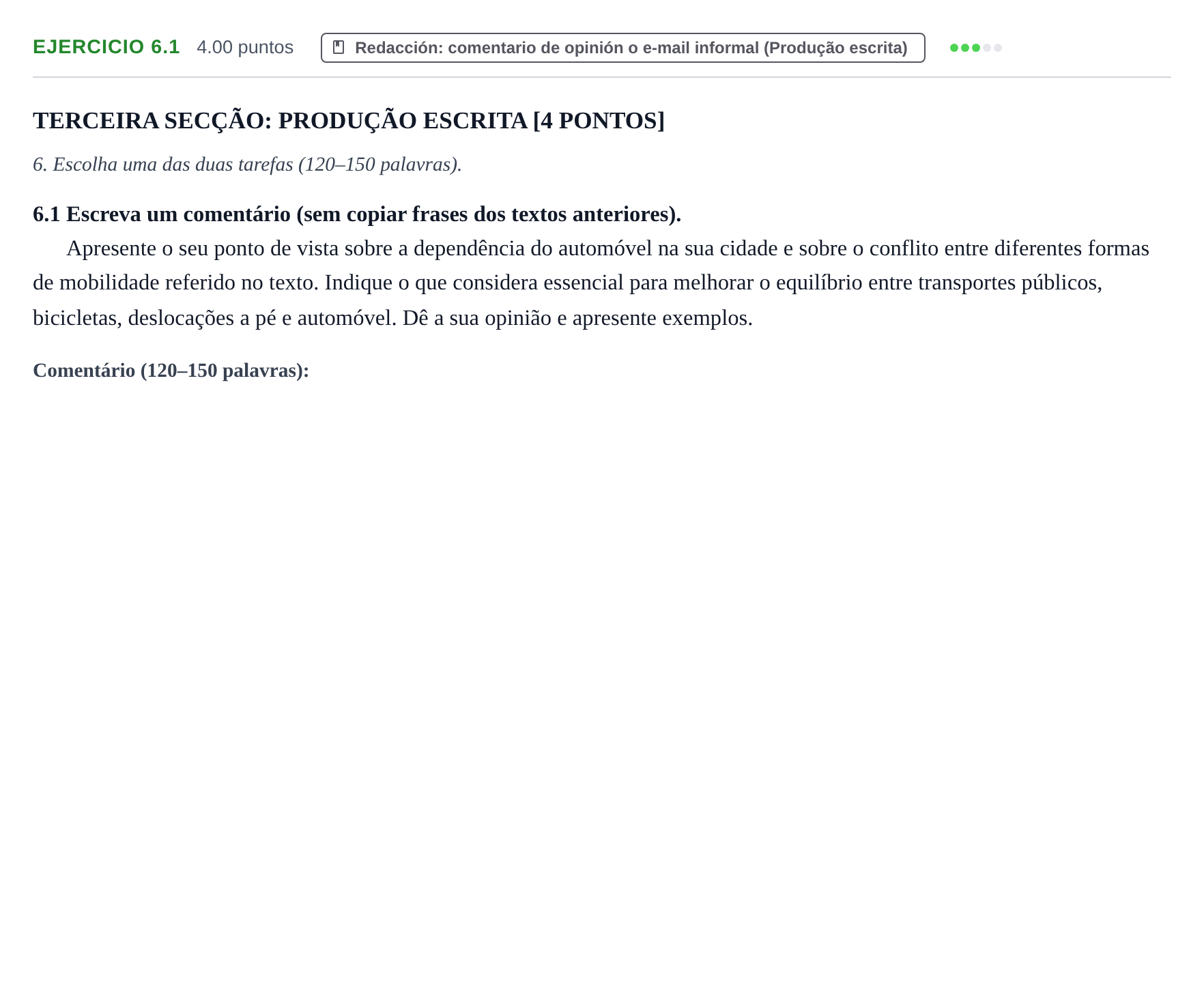 Enunciado: Ejercicio 6.1 · Portugués PAU Murcia Extraordinaria 2026
