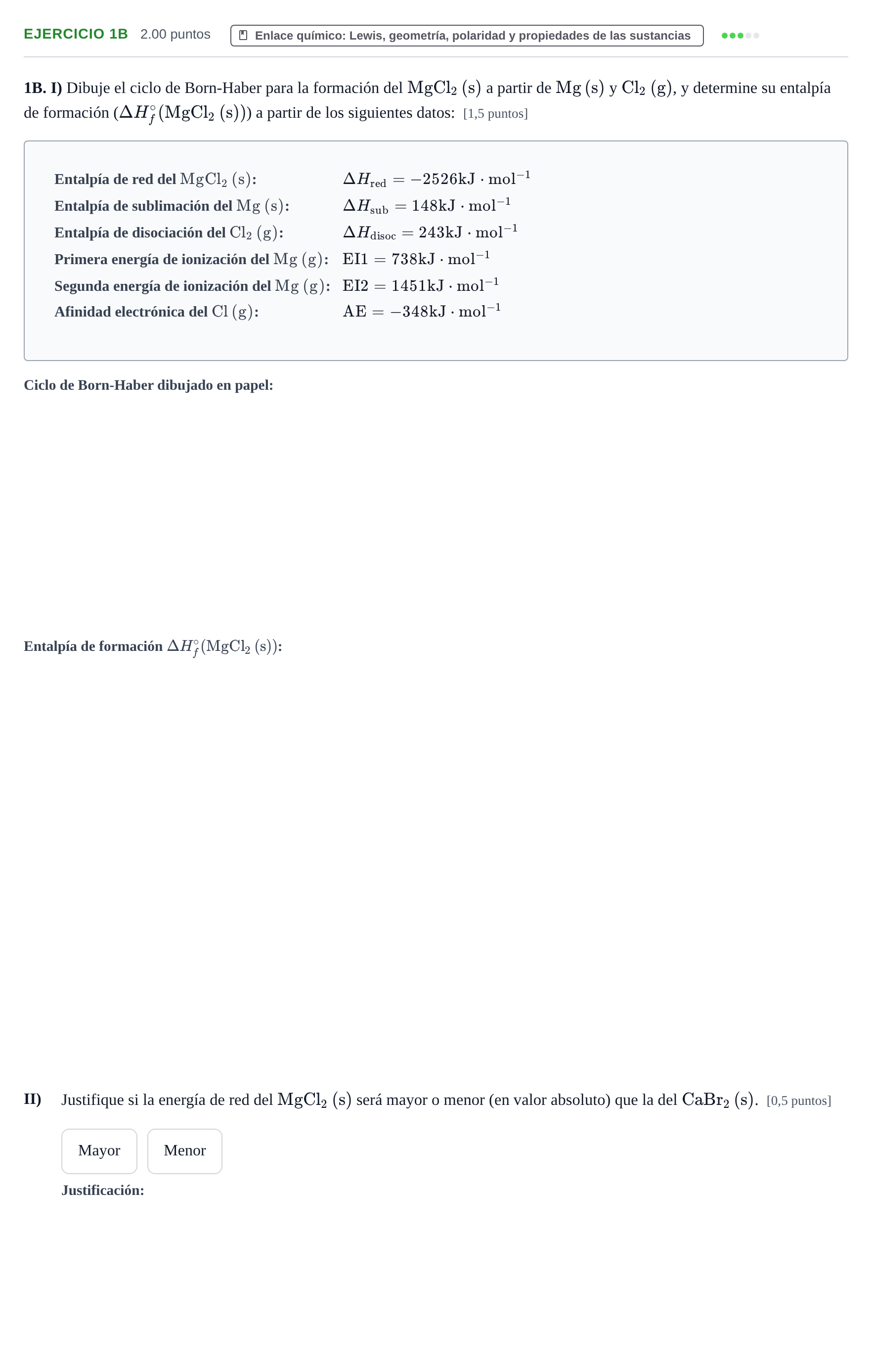 Enunciado: Ejercicio 1B · Química PAU Murcia Extraordinaria 2026