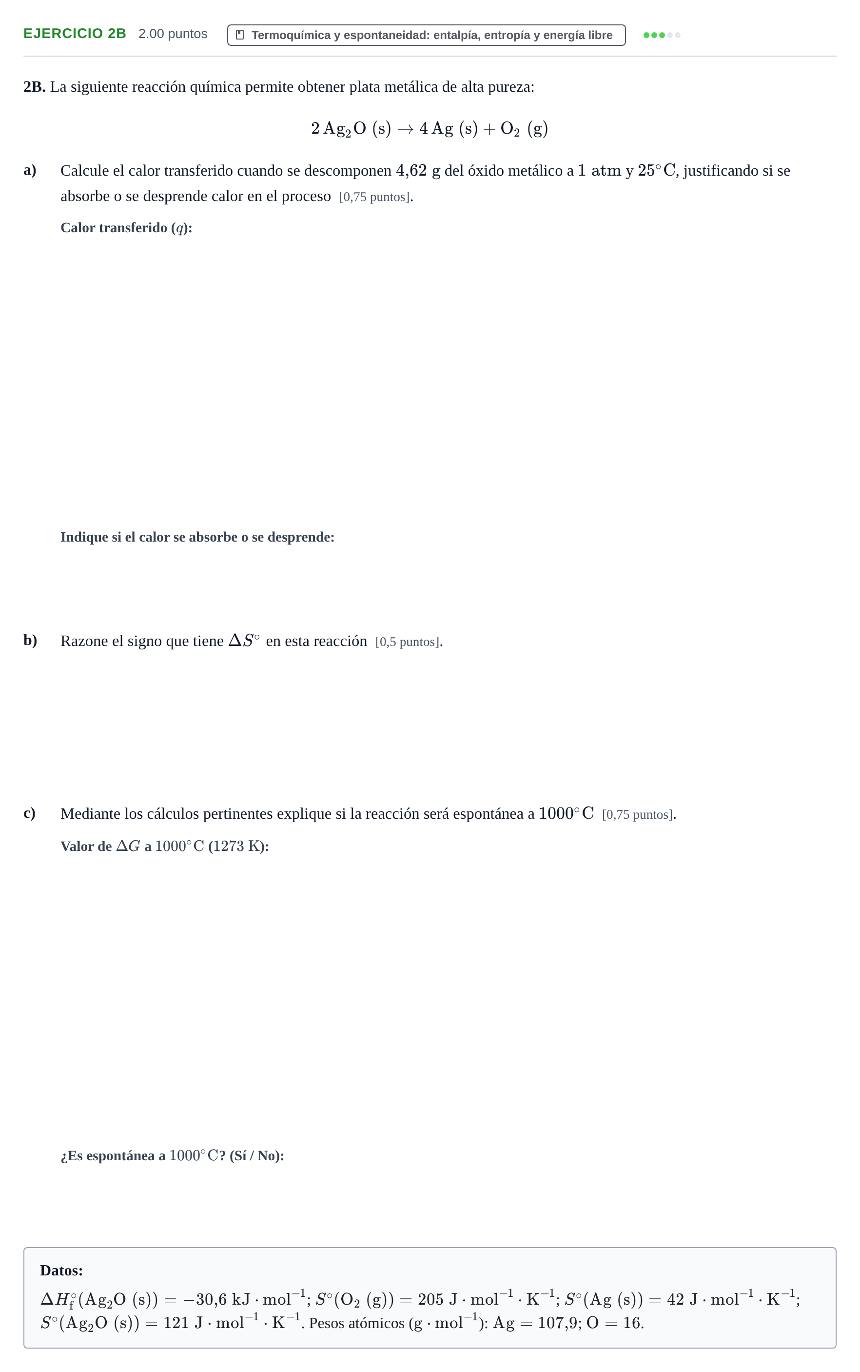 Enunciado: Ejercicio 2B · Química PAU Murcia Extraordinaria 2026