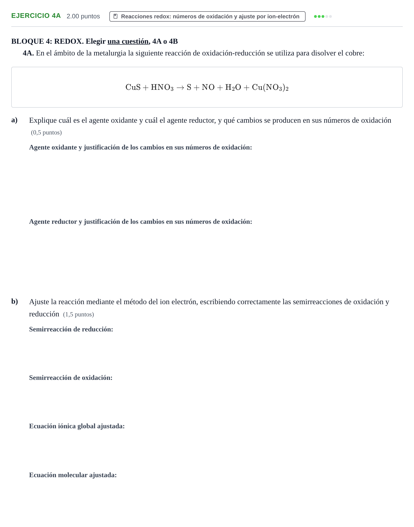 Enunciado: Ejercicio 4A · Química PAU Murcia Extraordinaria 2026
