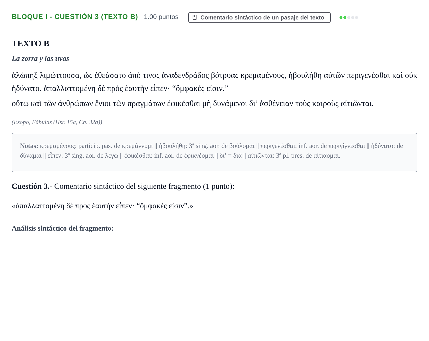 Enunciado: Bloque I - Cuestión 3 (Texto B) · Griego II PAU Murcia Ordinaria 2025