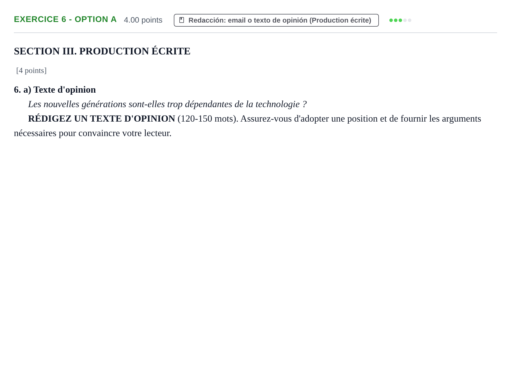 Enunciado: Ejercicio 6 - Option a · Francés PAU Murcia Ordinaria 2025