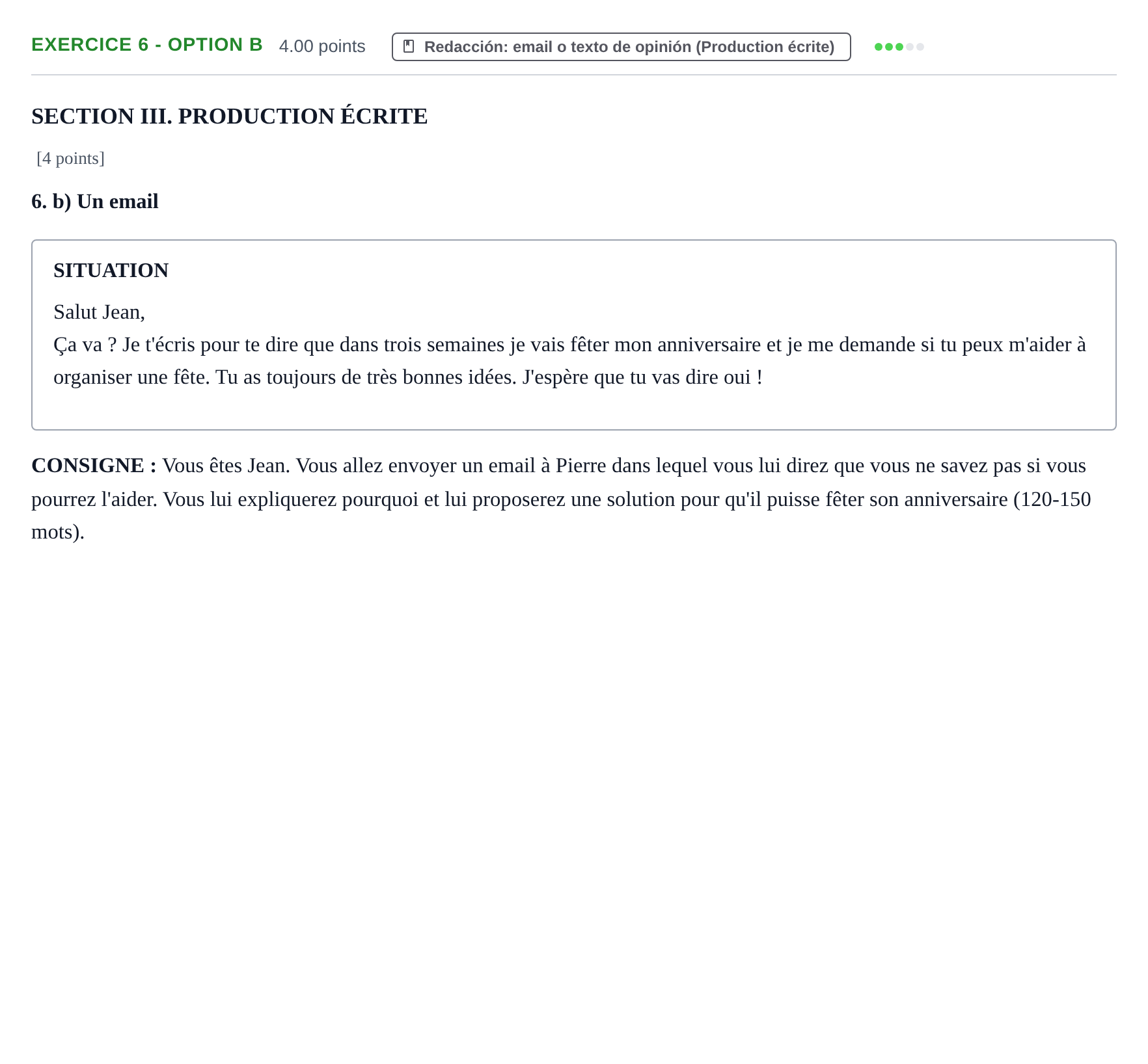 Enunciado: Ejercicio 6 - Option b · Francés PAU Murcia Ordinaria 2025