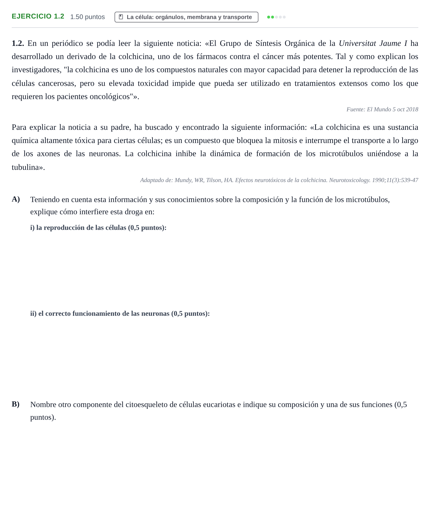 Enunciado: Ejercicio 1.2 · Biología PAU Murcia Ordinaria 2025