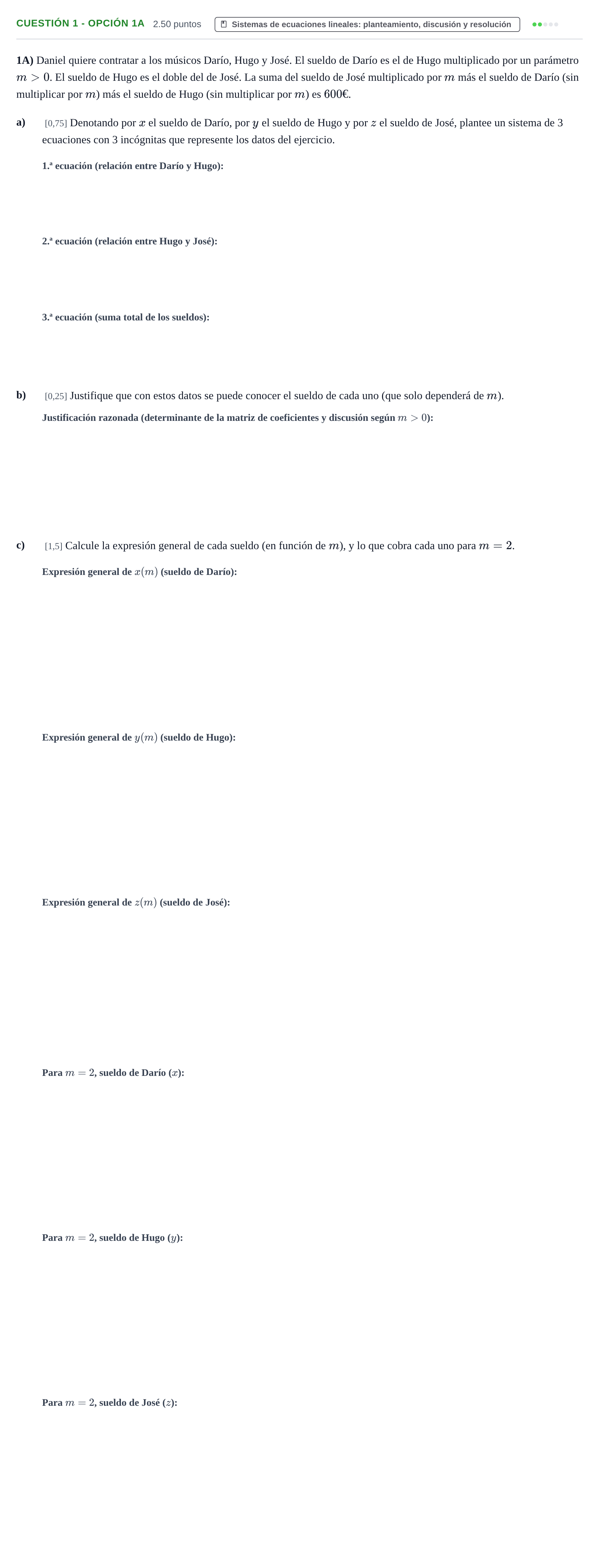 Enunciado: Cuestión 1 - Opción 1A · Matemáticas II PAU Murcia Ordinaria 2025