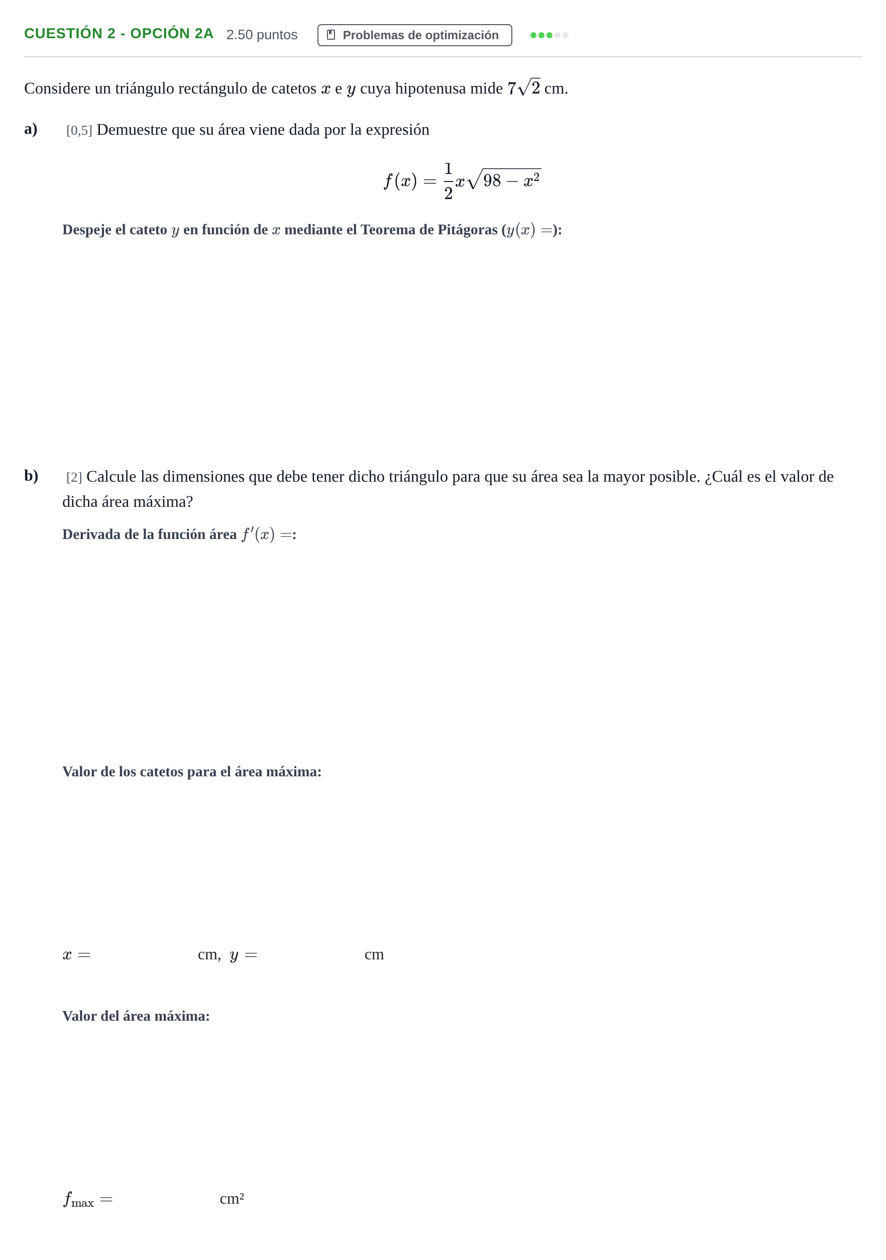 Enunciado: Cuestión 2 - Opción 2A · Matemáticas II PAU Murcia Ordinaria 2025