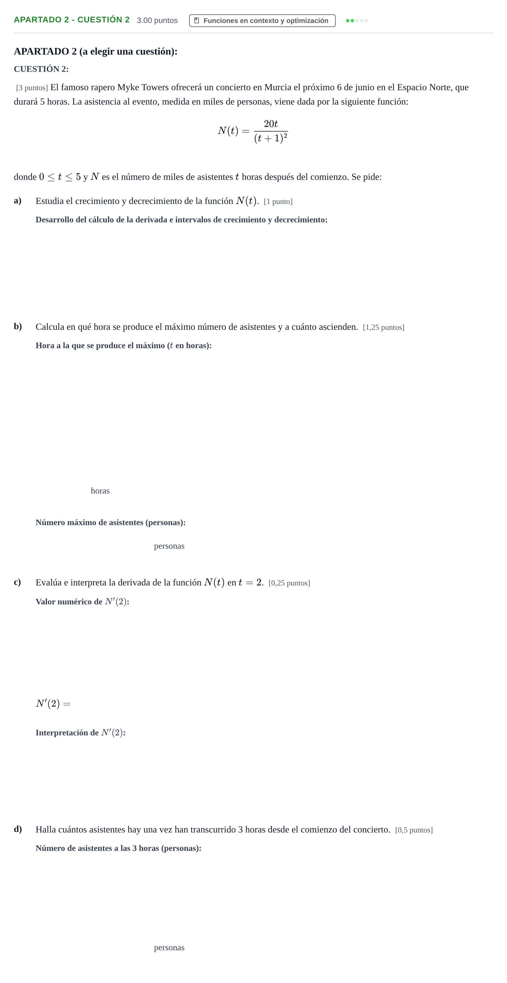 Enunciado: Apartado 2 - Cuestión 2 · Matemáticas aplicadas a las Ciencias Sociales II PAU Murcia Ordinaria 2025
