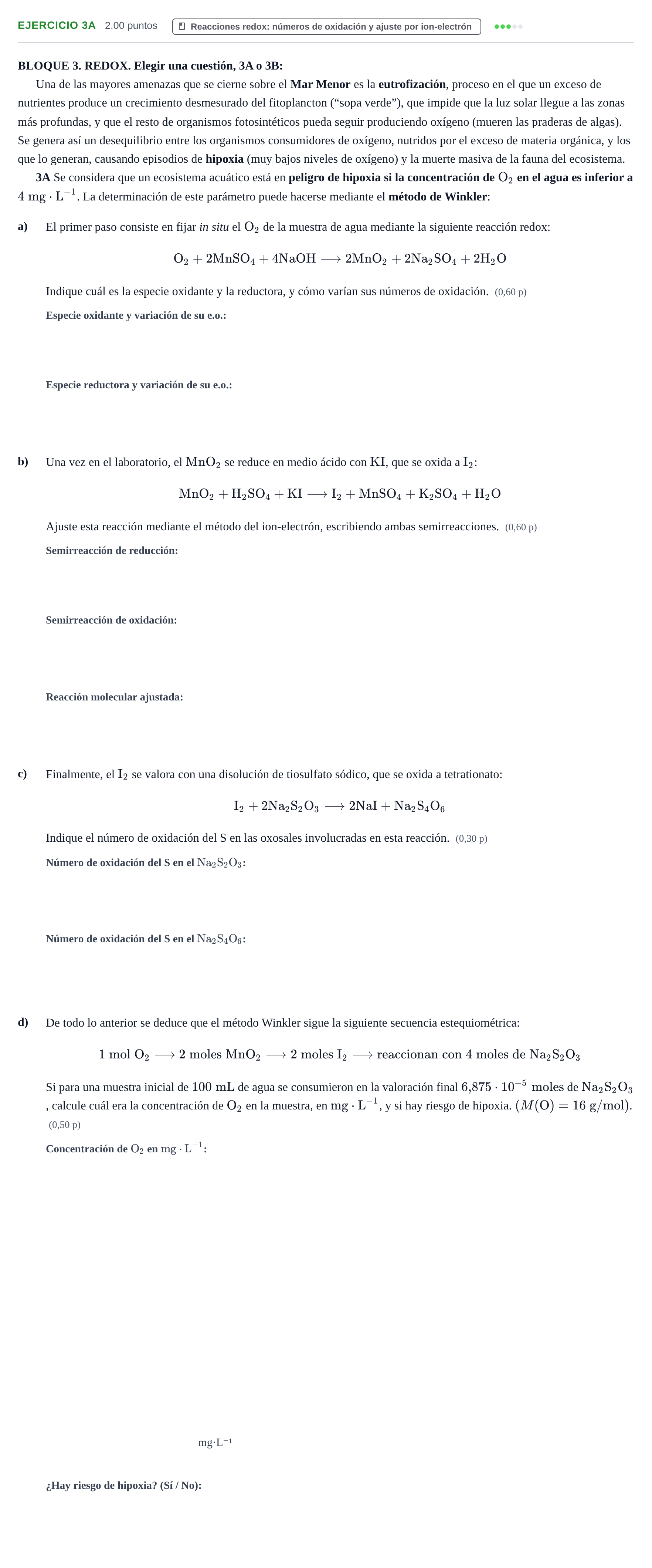 Enunciado: Ejercicio 3A · Química PAU Murcia Ordinaria 2025