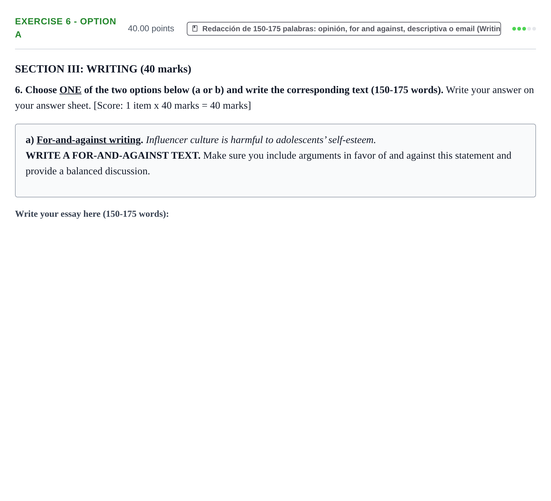 Enunciado: Ejercicio 6 - Option a · Inglés PAU Murcia Extraordinaria 2025