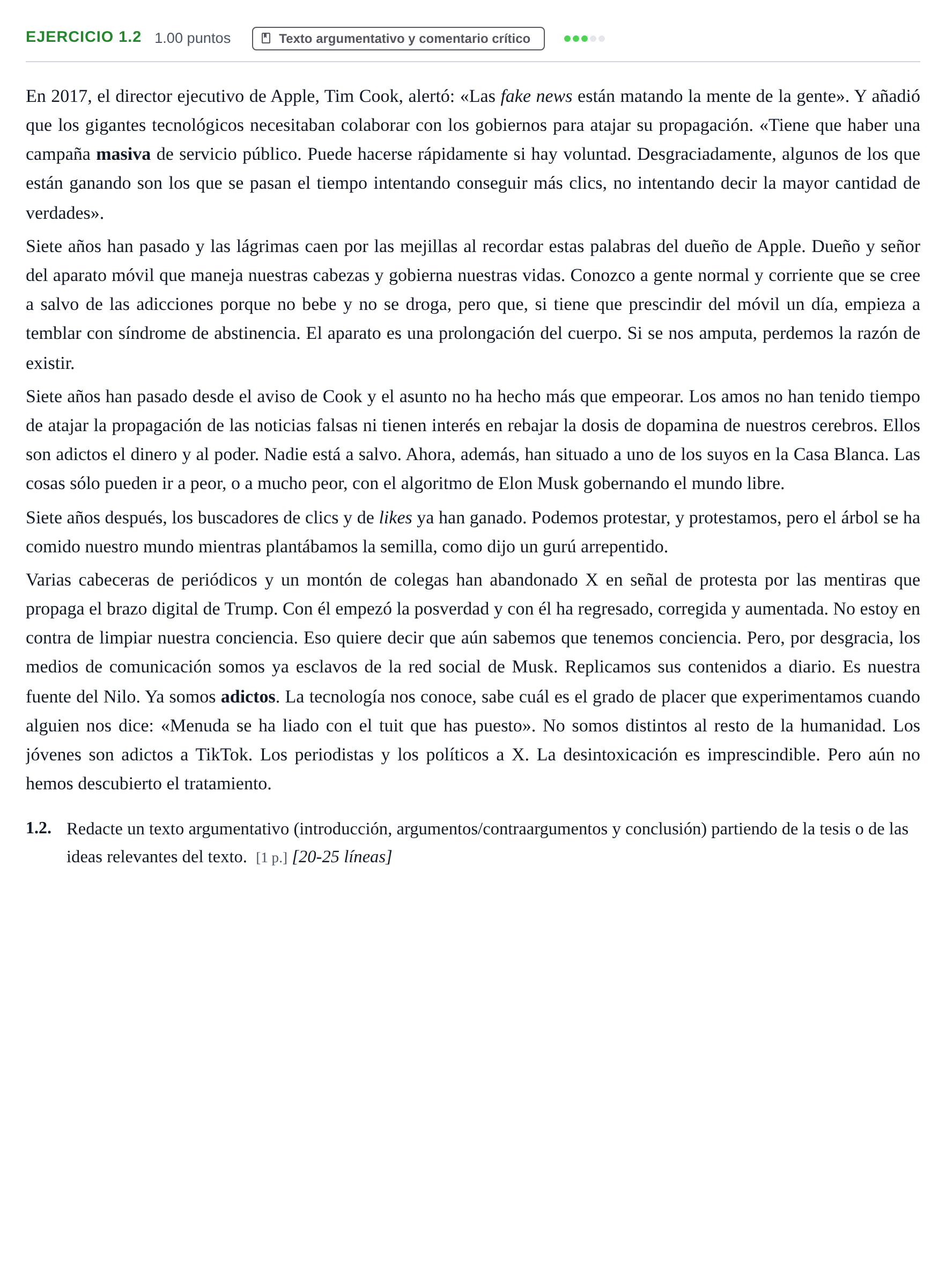 Enunciado: Ejercicio 1.2 · Lengua Castellana y Literatura II PAU Murcia Extraordinaria 2025