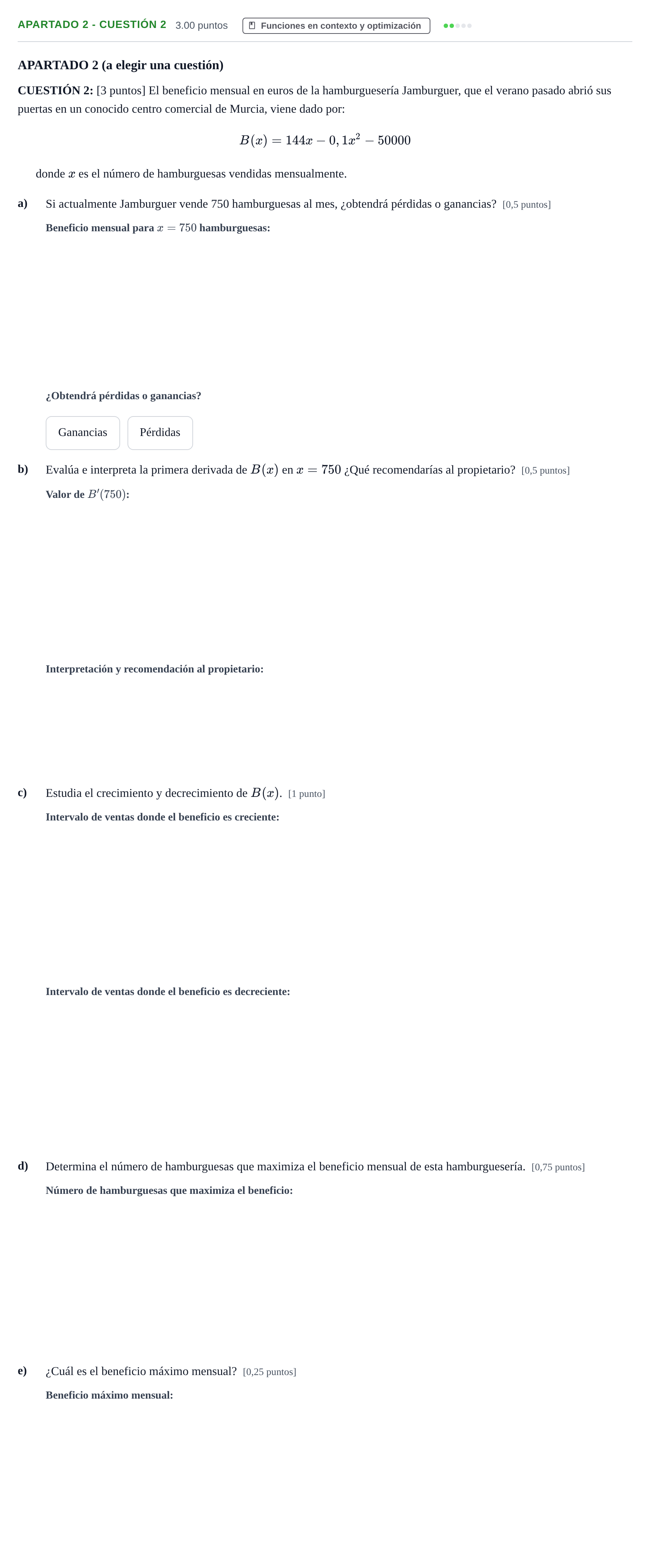 Enunciado: Apartado 2 - Cuestión 2 · Matemáticas aplicadas a las Ciencias Sociales II PAU Murcia Extraordinaria 2025