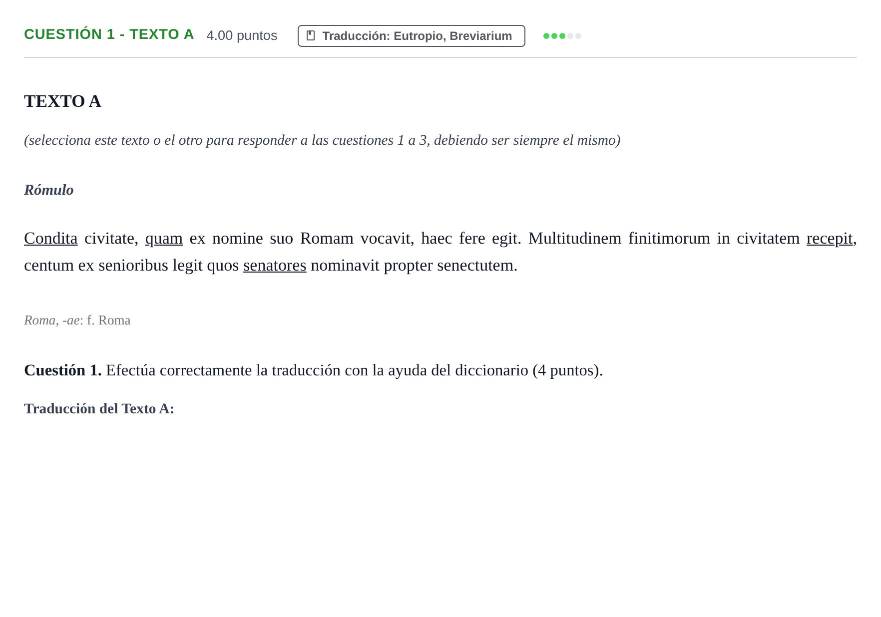 Enunciado: Cuestión 1 - Texto A · Latín II PAU Murcia Extraordinaria 2025