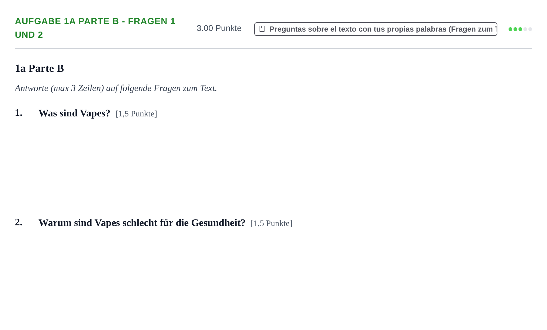 Enunciado: Ejercicio 1a Parte B - Fragen 1 und 2 · Alemán PAU Navarra Ordinaria 2024