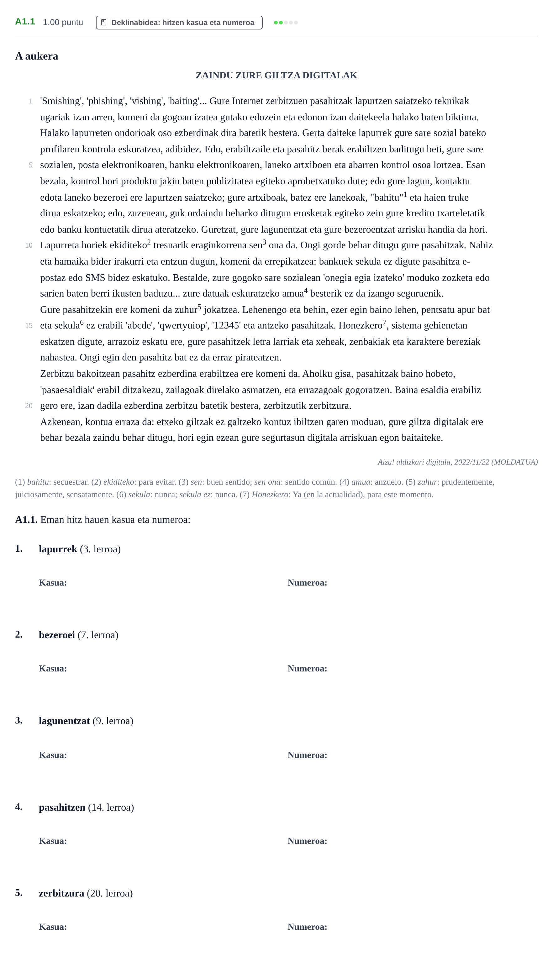 Enunciado: Ejercicio A1.1 · Lengua Vasca y Literatura II PAU Navarra Ordinaria (Modelo A) 2024