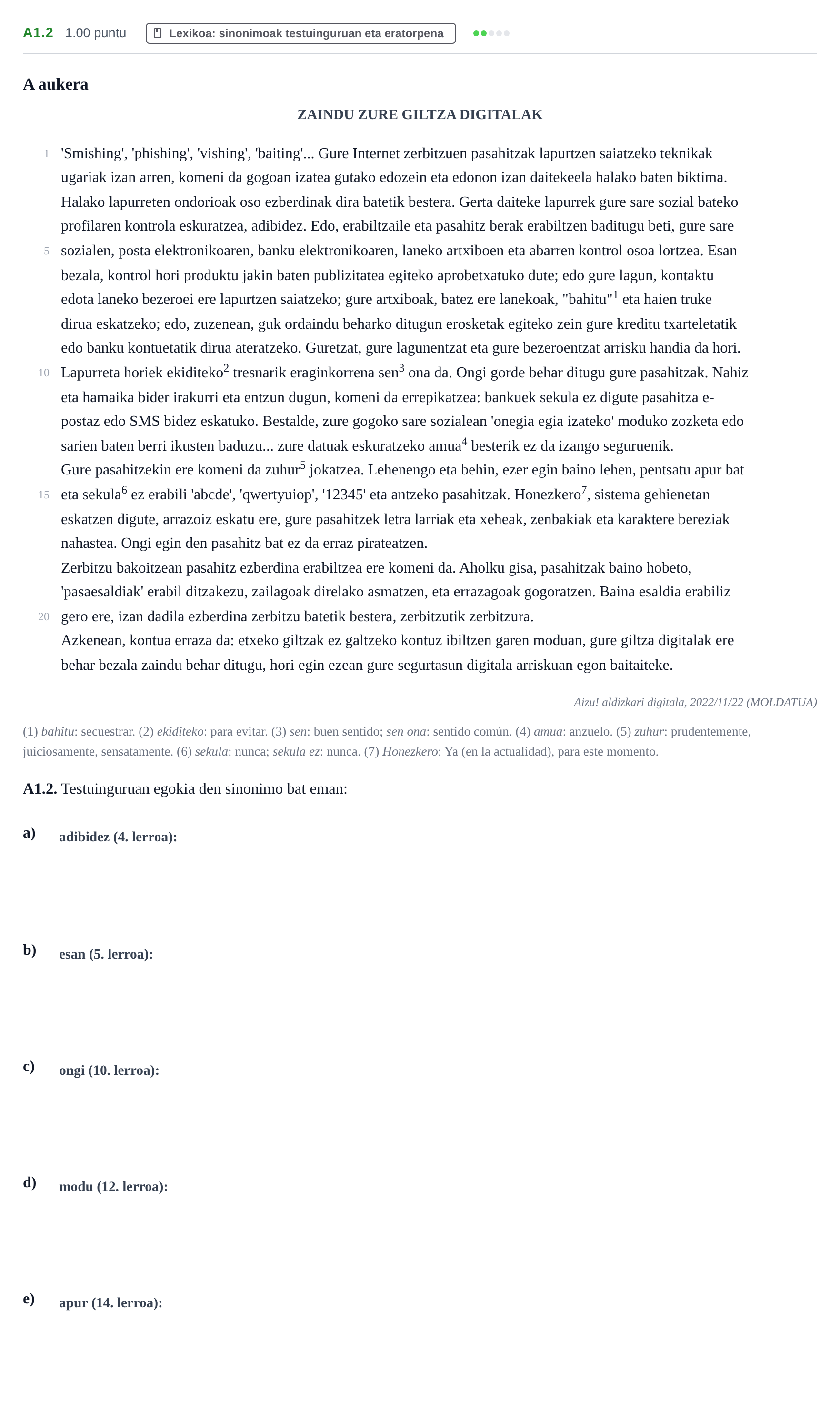 Enunciado: Ejercicio A1.2 · Lengua Vasca y Literatura II PAU Navarra Ordinaria (Modelo A) 2024