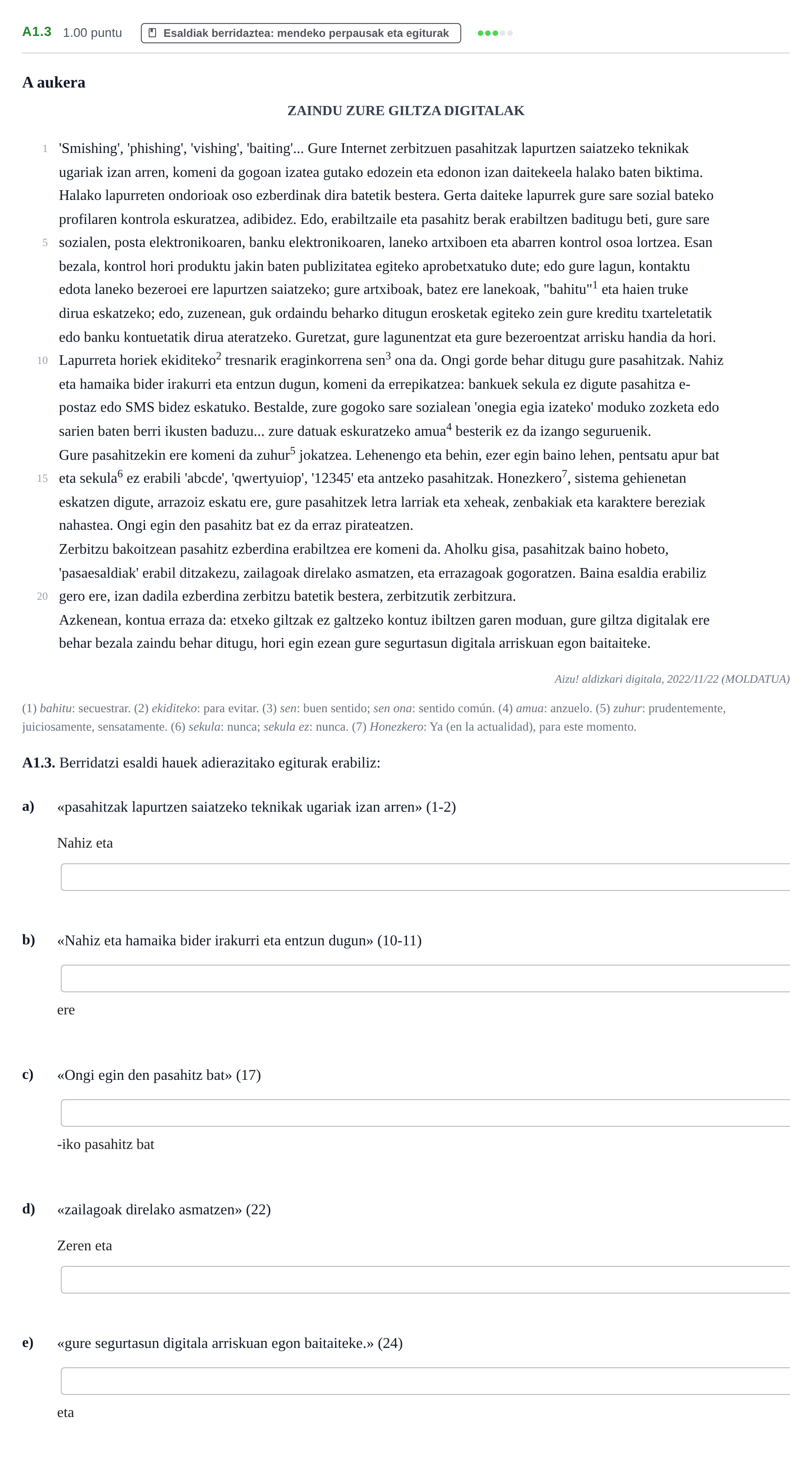 Enunciado: Ejercicio A1.3 · Lengua Vasca y Literatura II PAU Navarra Ordinaria (Modelo A) 2024
