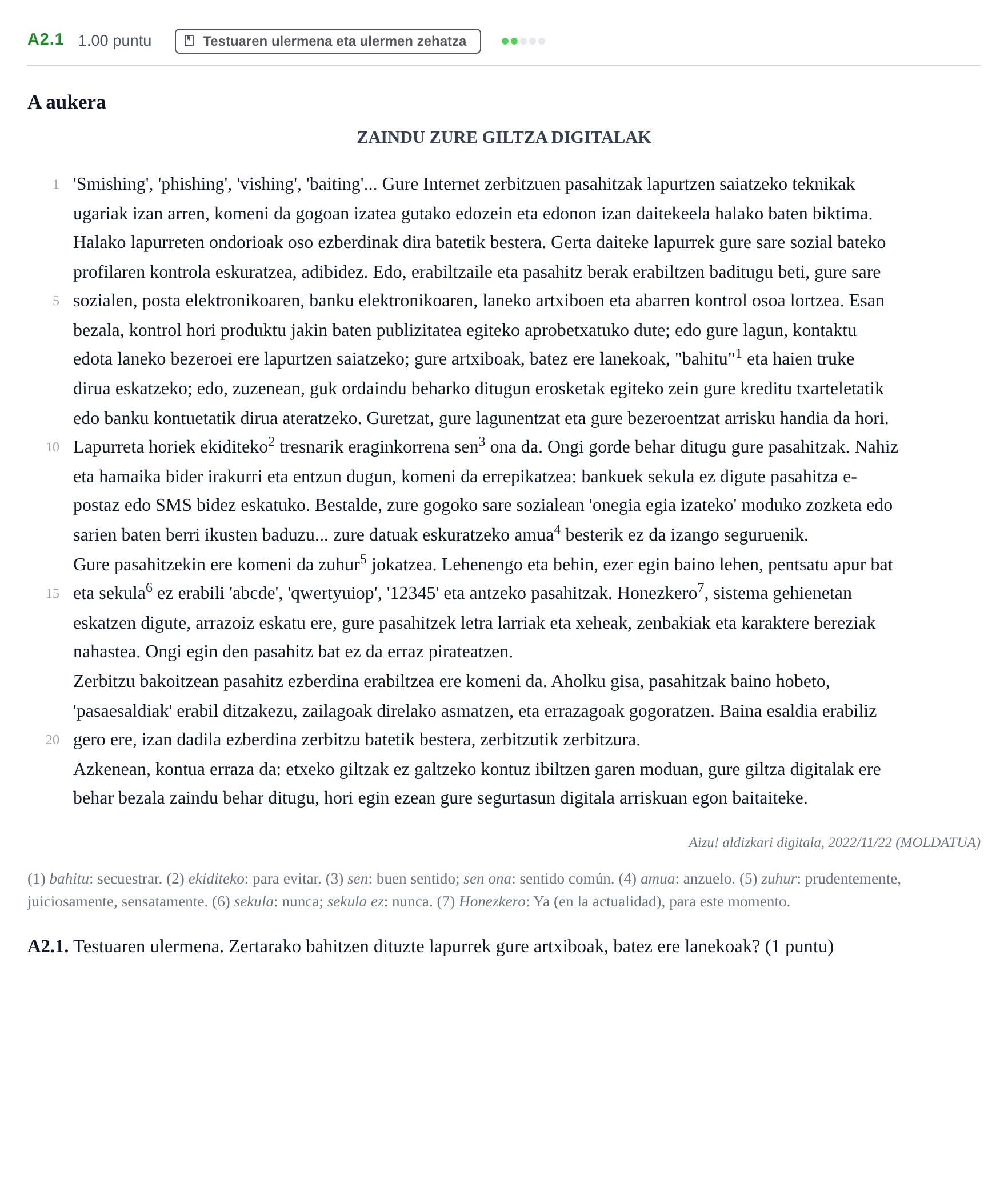 Enunciado: Ejercicio A2.1 · Lengua Vasca y Literatura II PAU Navarra Ordinaria (Modelo A) 2024