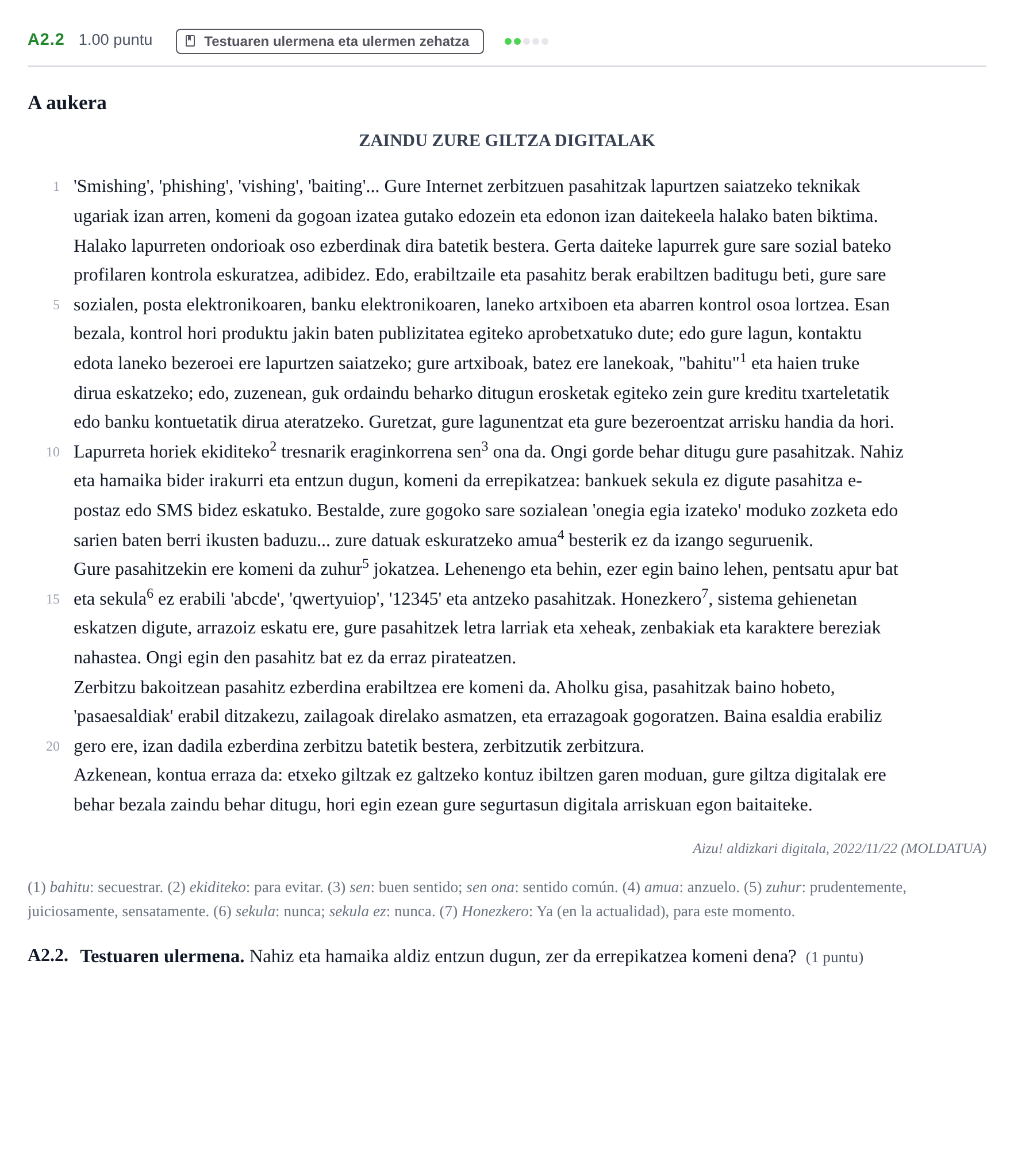 Enunciado: Ejercicio A2.2 · Lengua Vasca y Literatura II PAU Navarra Ordinaria (Modelo A) 2024