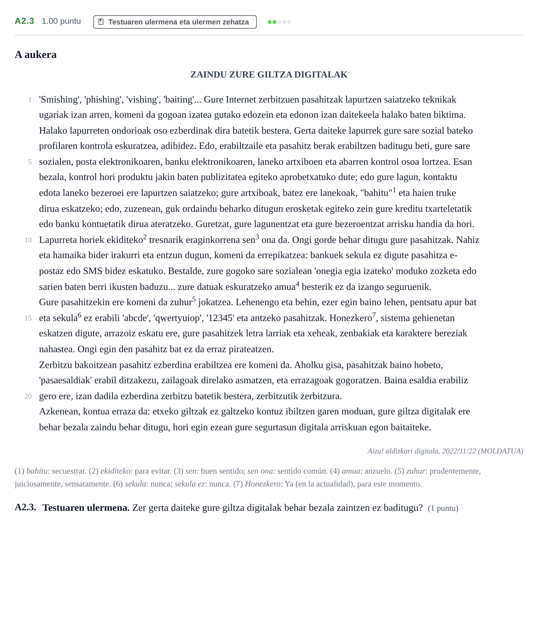 Enunciado: Ejercicio A2.3 · Lengua Vasca y Literatura II PAU Navarra Ordinaria (Modelo A) 2024