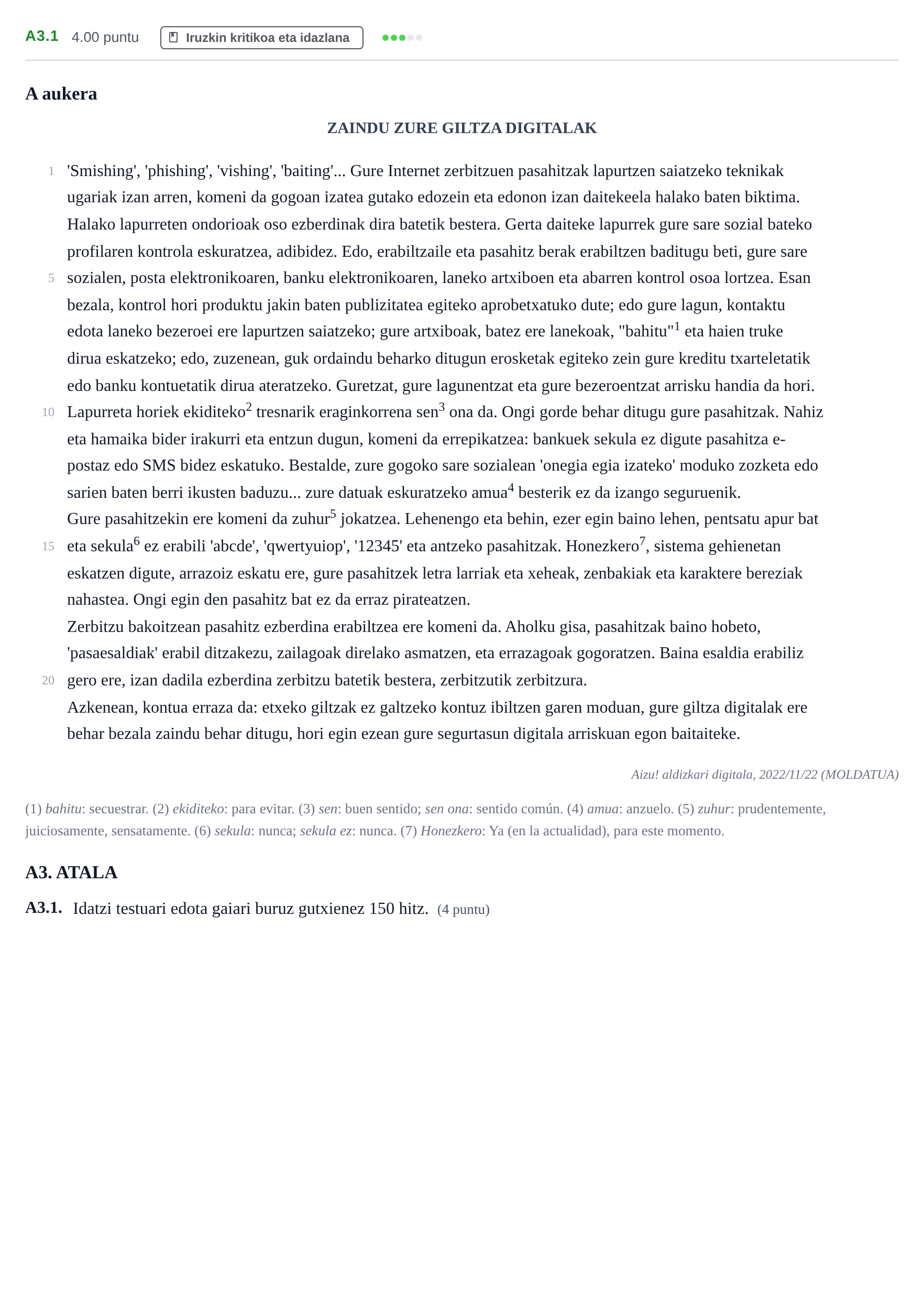 Enunciado: Ejercicio A3.1 · Lengua Vasca y Literatura II PAU Navarra Ordinaria (Modelo A) 2024