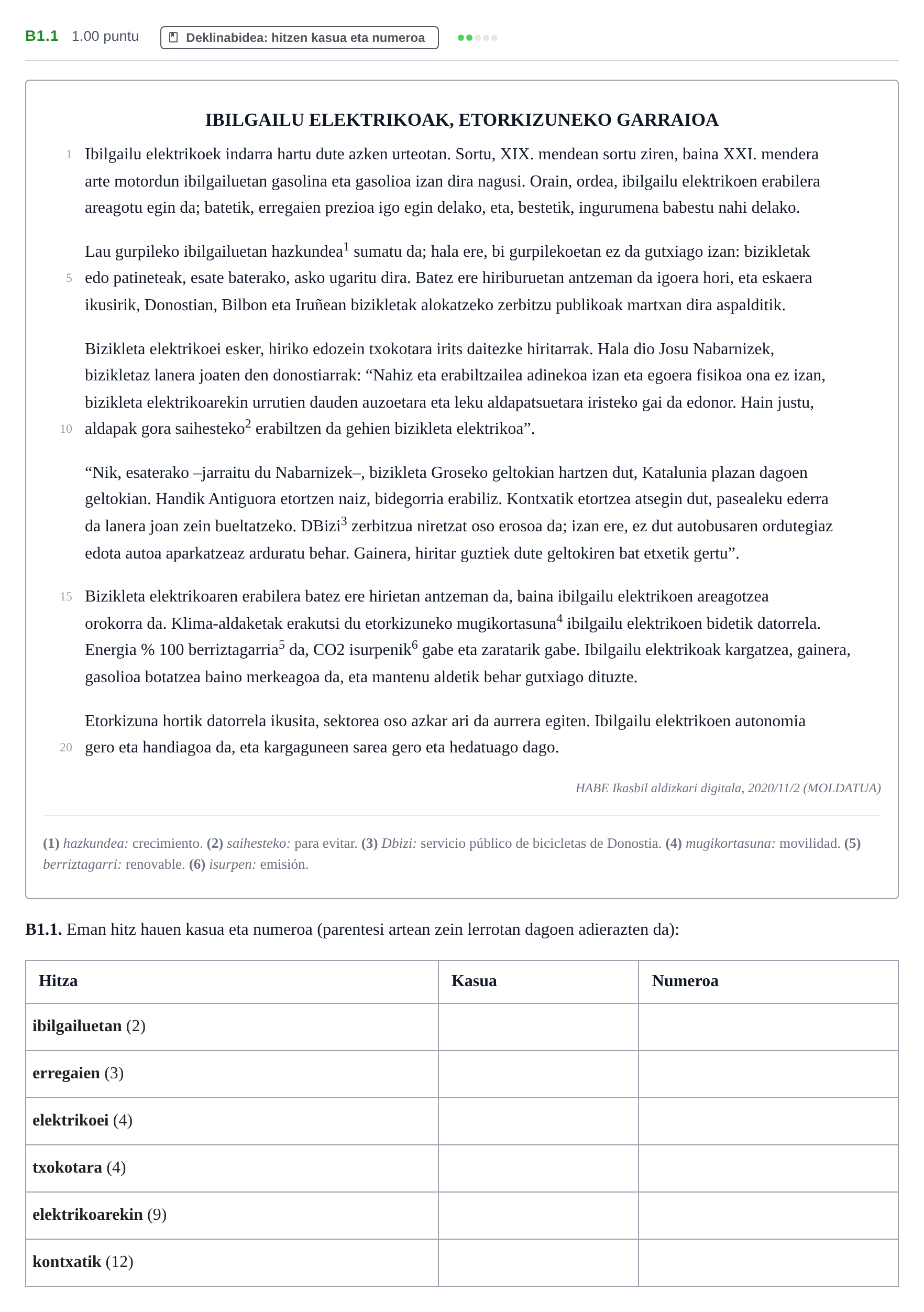 Enunciado: Ejercicio B1.1 · Lengua Vasca y Literatura II PAU Navarra Ordinaria (Modelo A) 2024