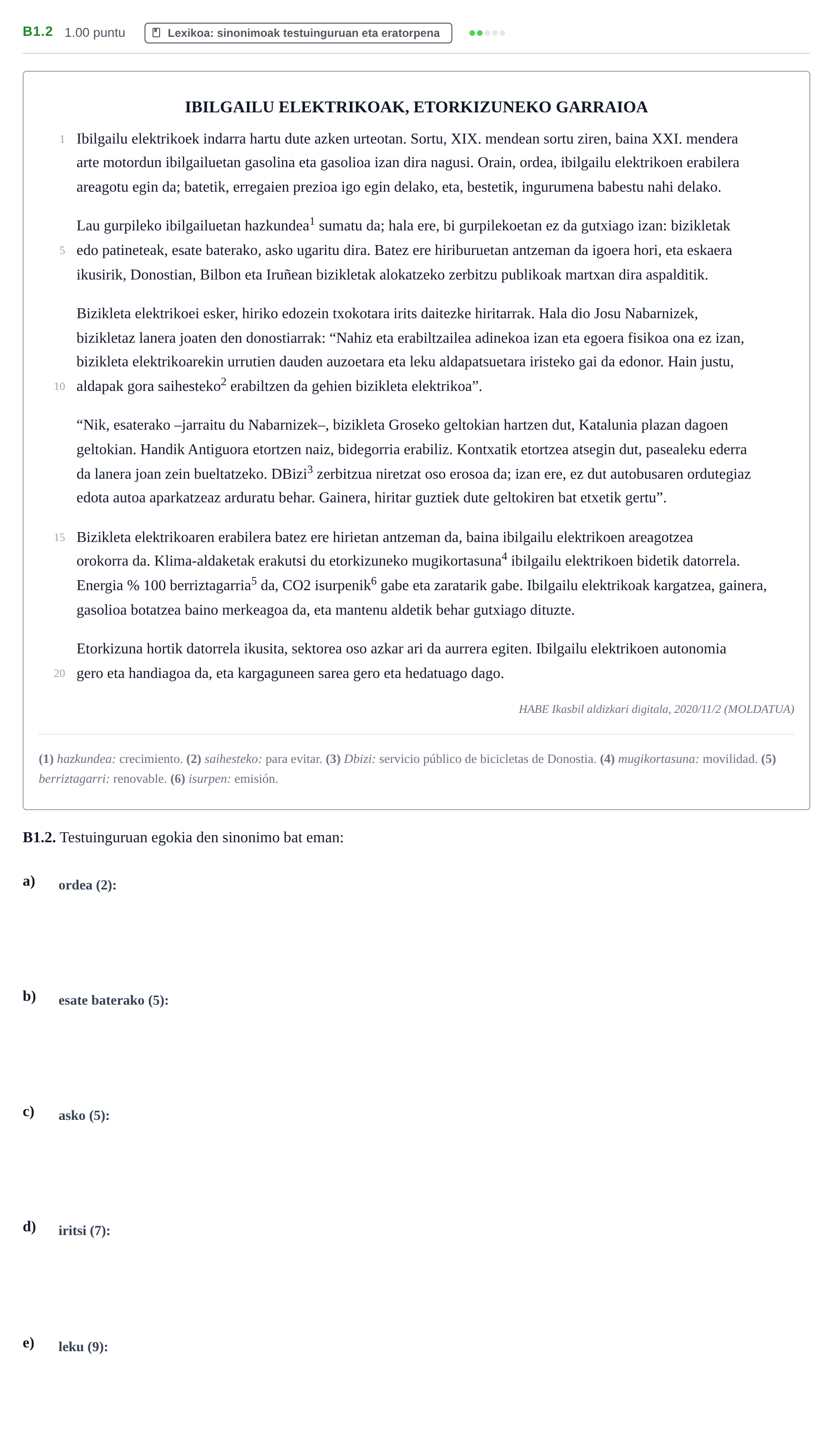 Enunciado: Ejercicio B1.2 · Lengua Vasca y Literatura II PAU Navarra Ordinaria (Modelo A) 2024