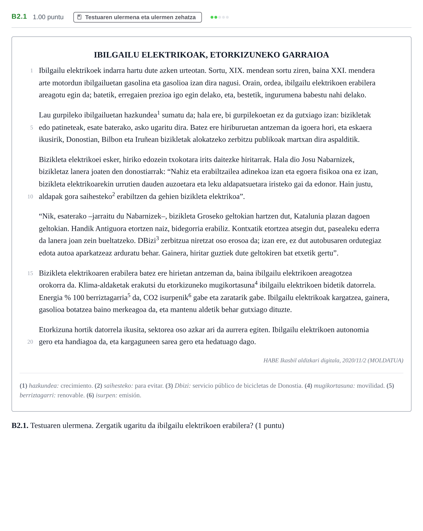 Enunciado: Ejercicio B2.1 · Lengua Vasca y Literatura II PAU Navarra Ordinaria (Modelo A) 2024