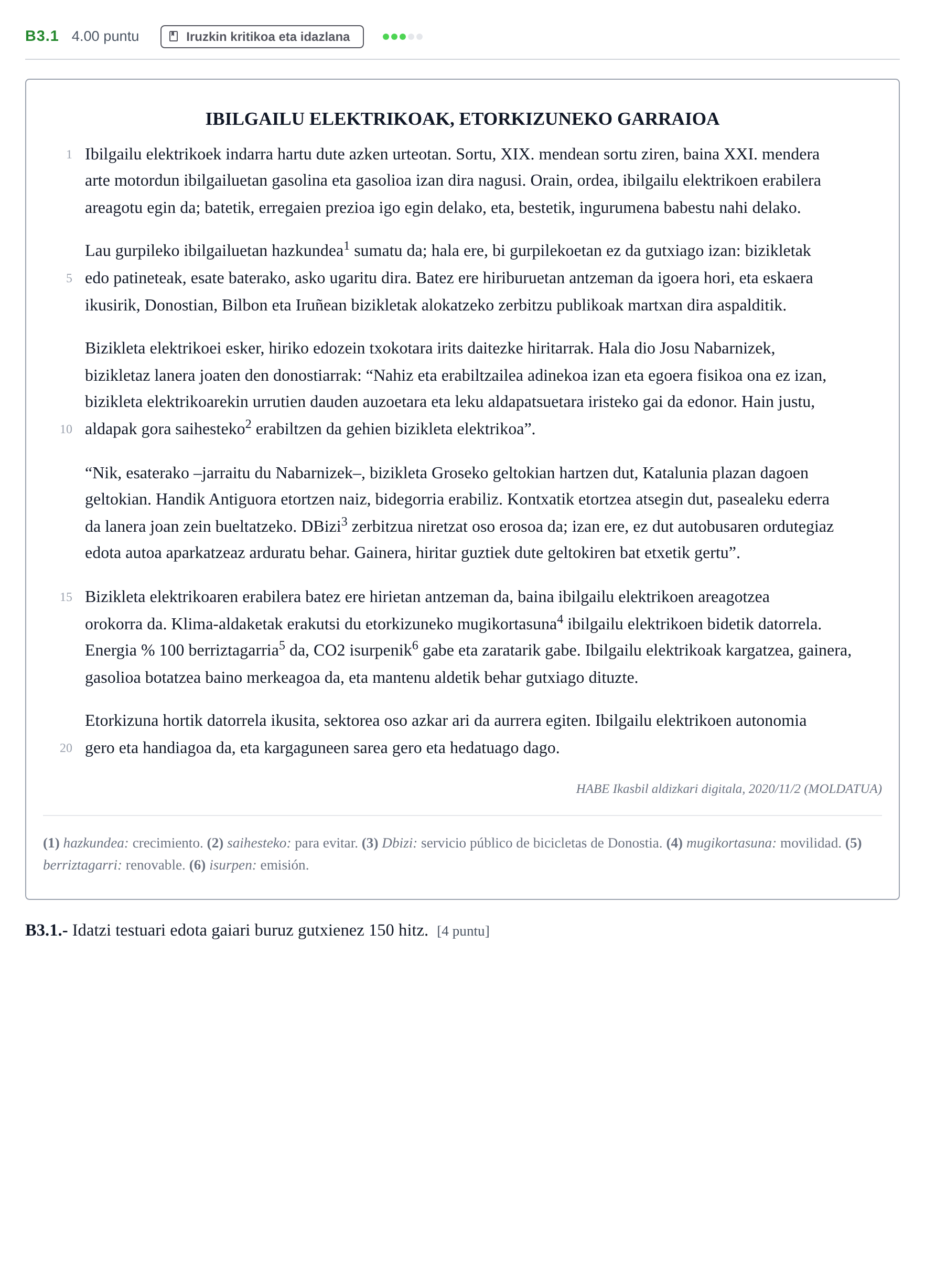 Enunciado: Ejercicio B3.1 · Lengua Vasca y Literatura II PAU Navarra Ordinaria (Modelo A) 2024