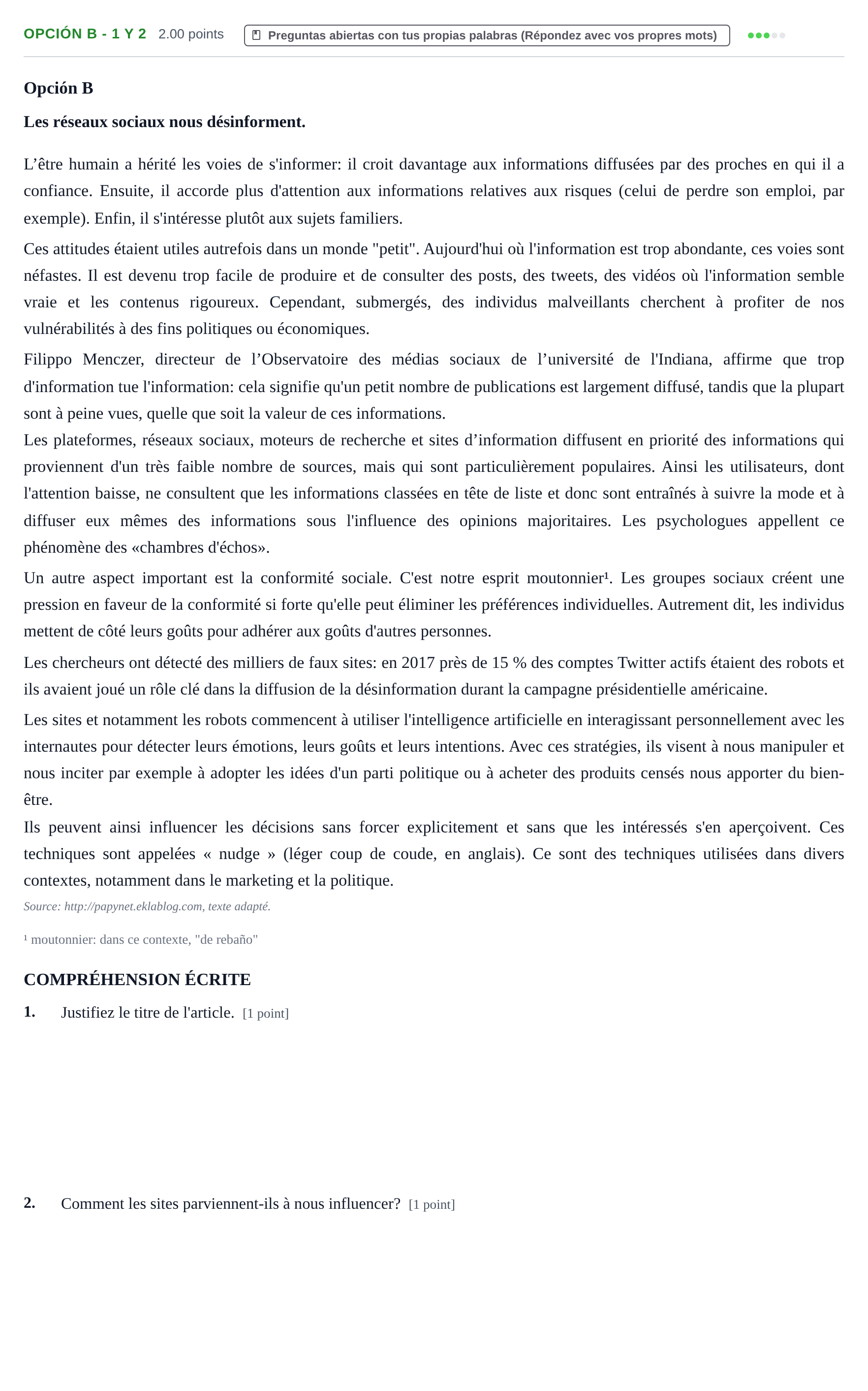 Enunciado: Opción B - 1 y 2 · Francés PAU Navarra Ordinaria 2024